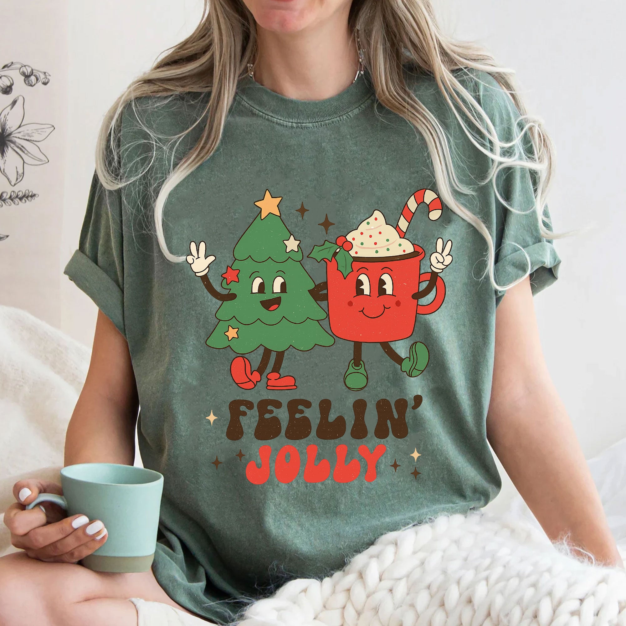 Festive Christmas Graphic Tee - Cute Tree and Mug Cartoon Design - Feelin' Jolly Holiday Shirt for Women - Fun Holiday Apparel
 - 3