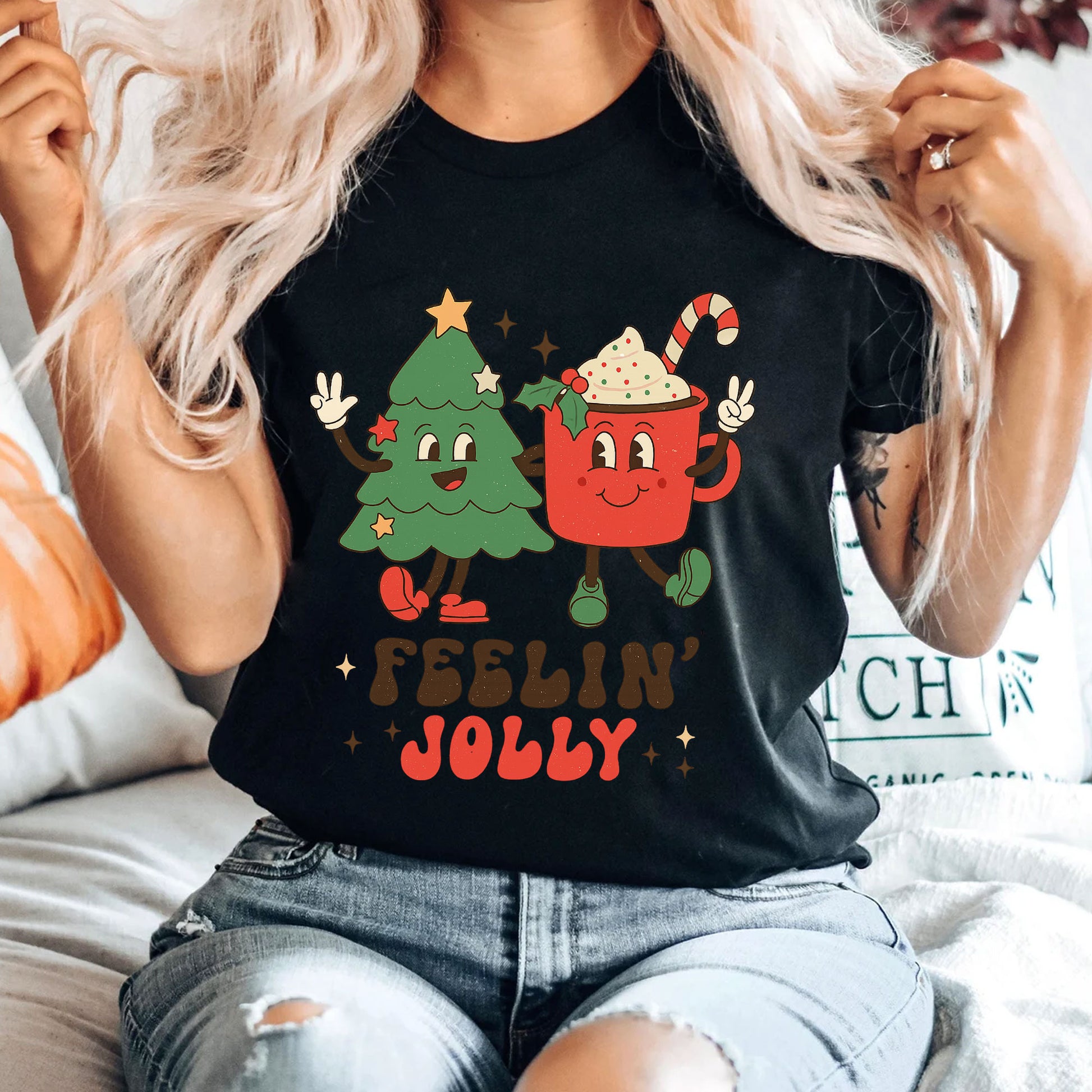 Festive Christmas Graphic Tee - Cute Tree and Mug Cartoon Design - Feelin' Jolly Holiday Shirt for Women - Fun Holiday Apparel
 - 4