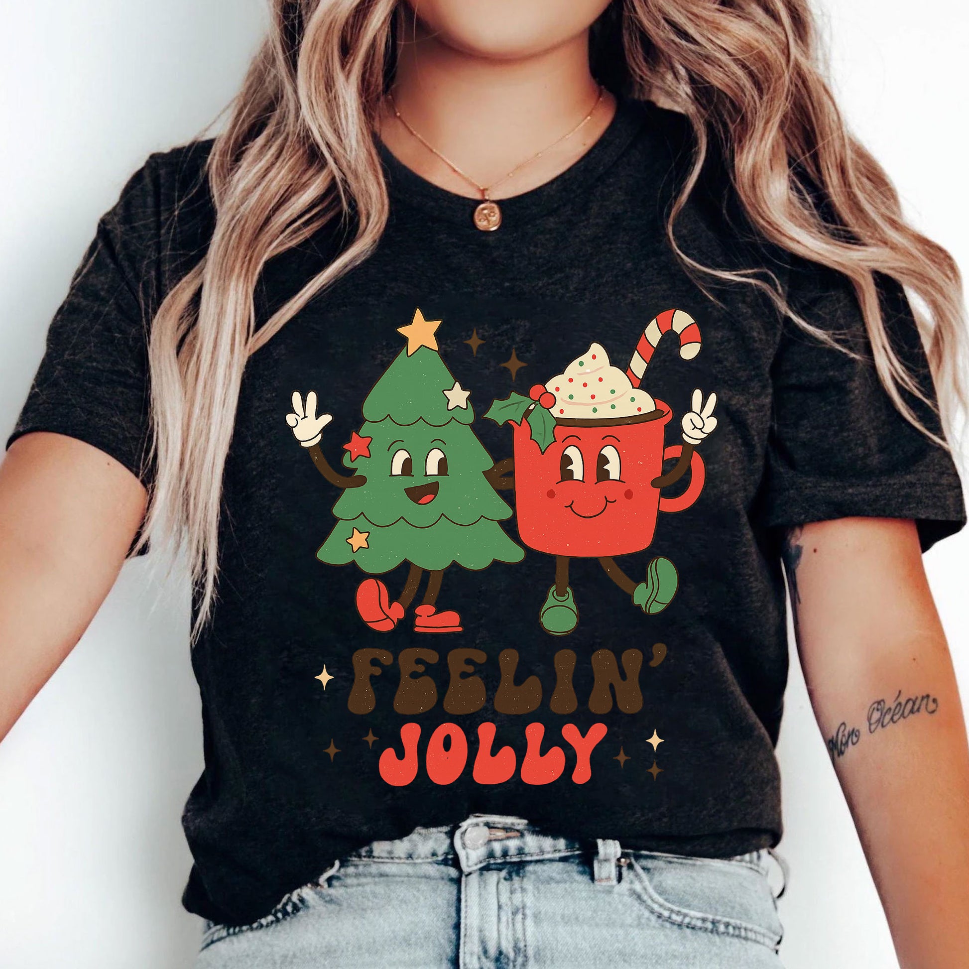 Festive Christmas Graphic Tee - Cute Tree and Mug Cartoon Design - Feelin' Jolly Holiday Shirt for Women - Fun Holiday Apparel
 - 5