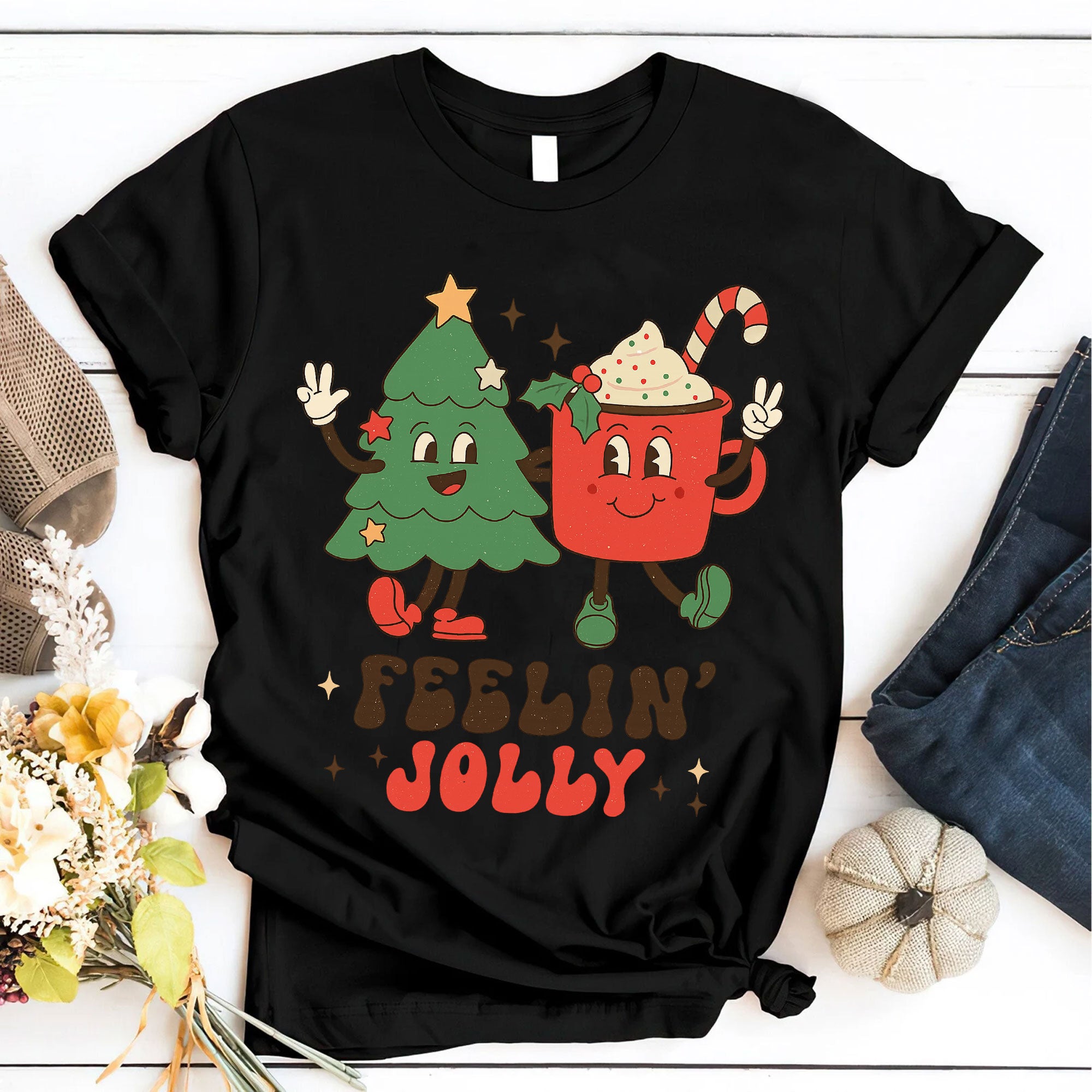 Festive Christmas Graphic Tee - Cute Tree and Mug Cartoon Design - Feelin' Jolly Holiday Shirt for Women - Fun Holiday Apparel
 - 6