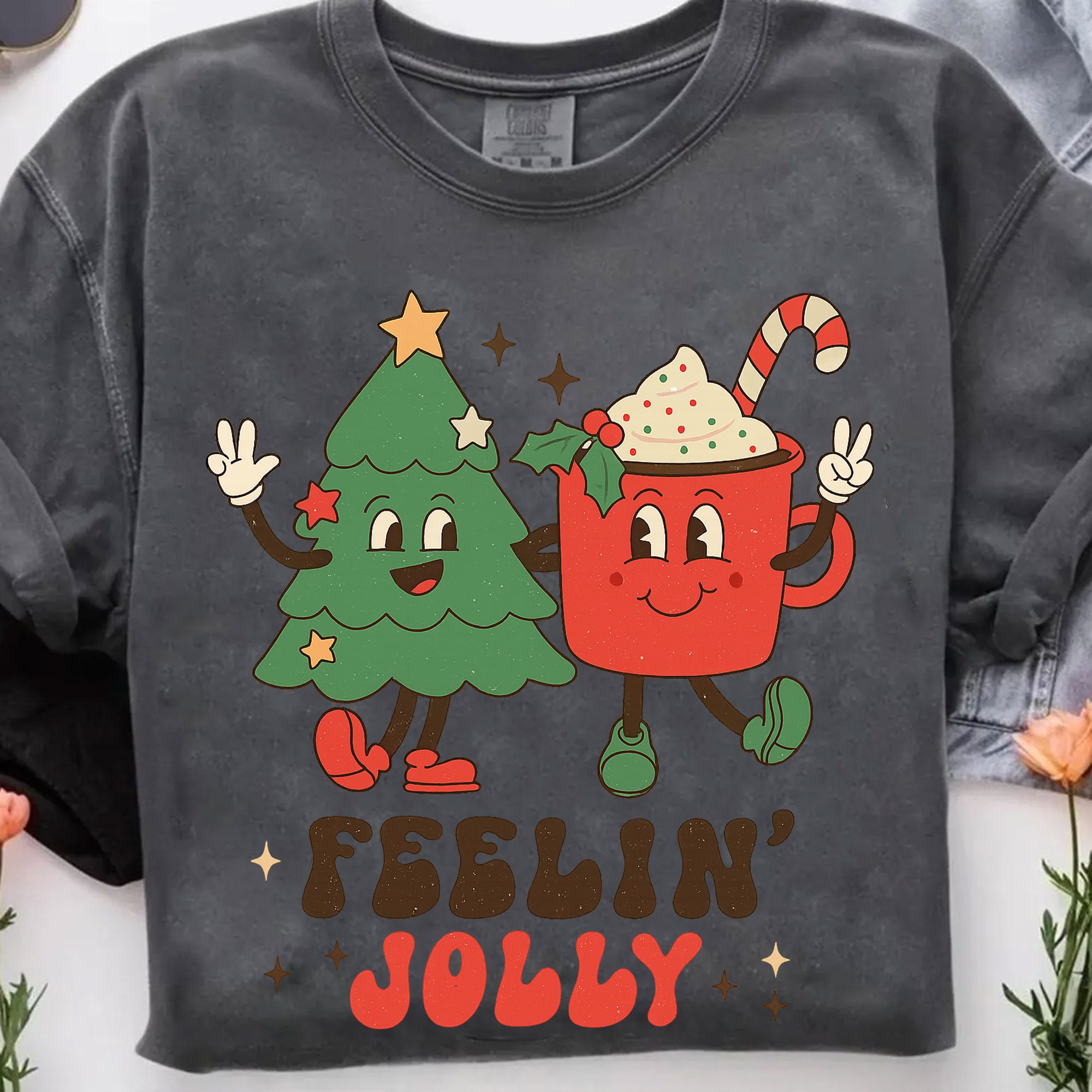 Festive Christmas Graphic Tee - Cute Tree and Mug Cartoon Design - Feelin' Jolly Holiday Shirt for Women - Fun Holiday Apparel
 - 7
