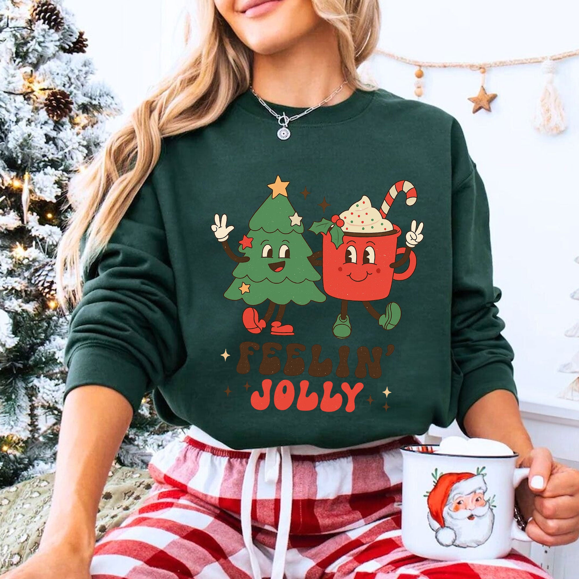 Festive Christmas Graphic Tee - Cute Tree and Mug Cartoon Design - Feelin' Jolly Holiday Shirt for Women - Fun Holiday Apparel
 - 8