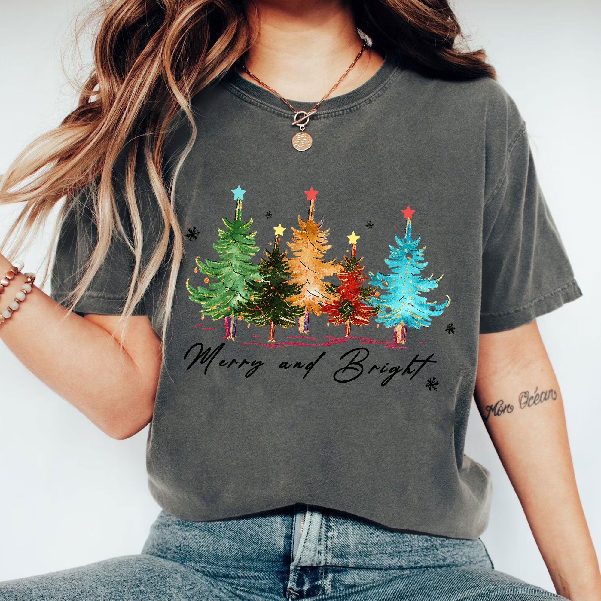 Festive Christmas Graphic Tee - Merry and Bright Holiday T-Shirt with Colorful Tree Design - Perfect Casual Seasonal Outfit
 - 1