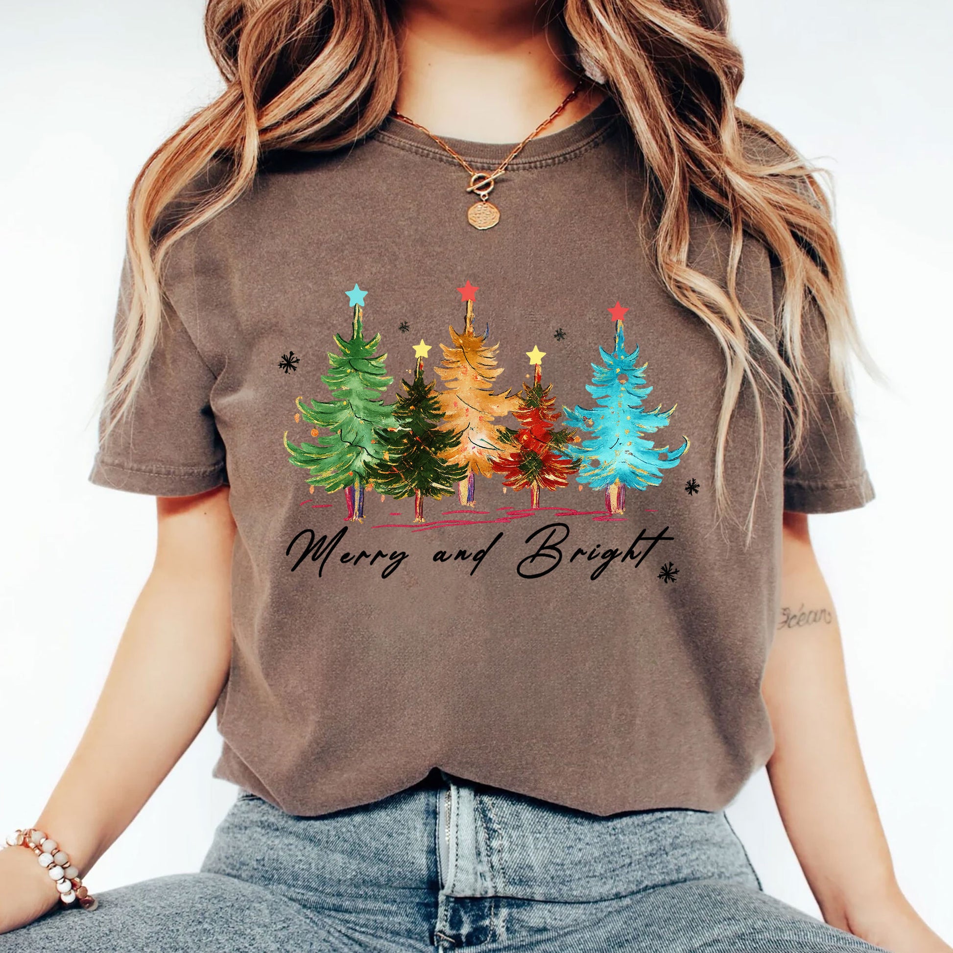 Festive Christmas Graphic Tee - Merry and Bright Holiday T-Shirt with Colorful Tree Design - Perfect Casual Seasonal Outfit
 - 2