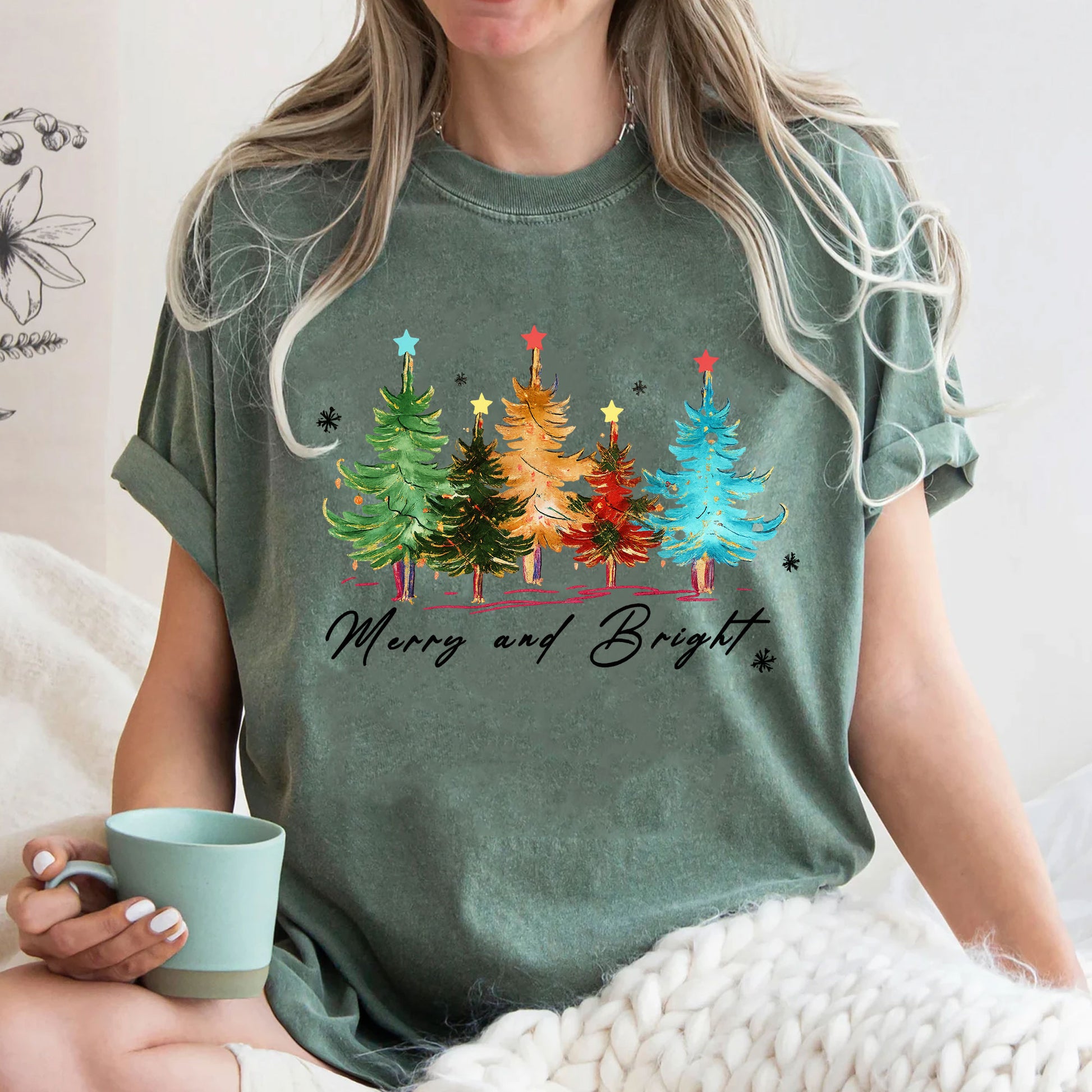 Festive Christmas Graphic Tee - Merry and Bright Holiday T-Shirt with Colorful Tree Design - Perfect Casual Seasonal Outfit
 - 3
