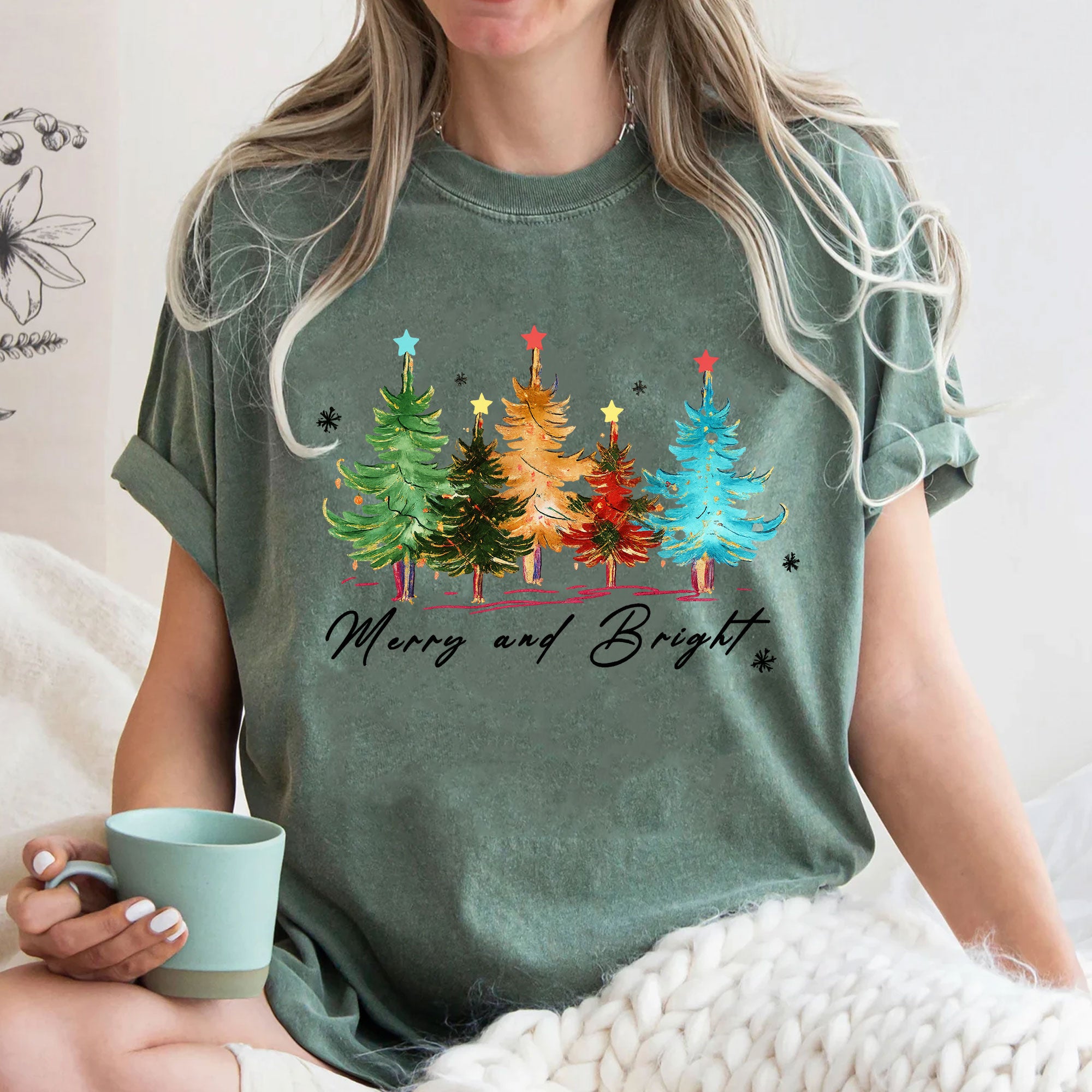 Festive Christmas Graphic Tee - Merry and Bright Holiday T-Shirt with Colorful Tree Design - Perfect Casual Seasonal Outfit
 - 3