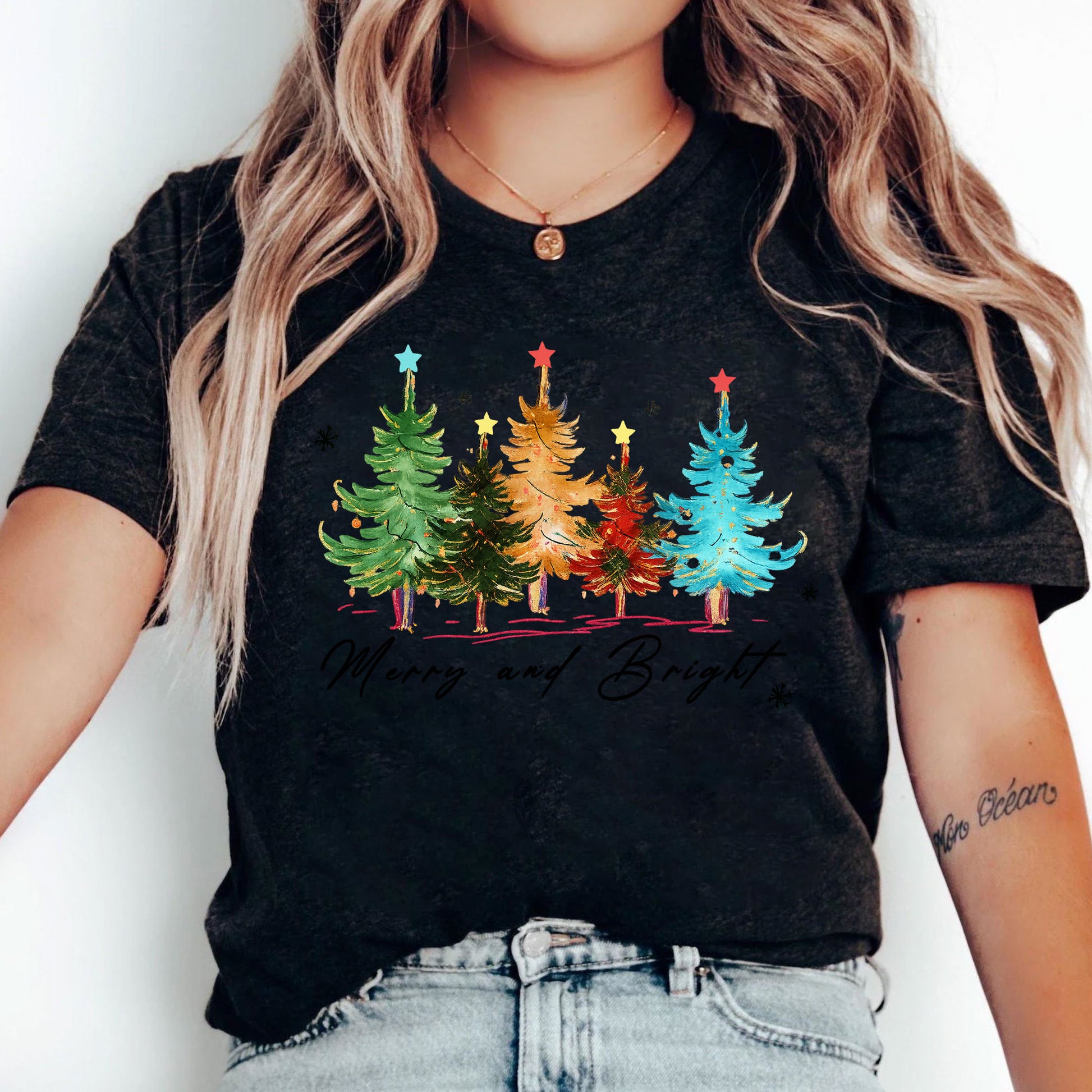 Festive Christmas Graphic Tee - Merry and Bright Holiday T-Shirt with Colorful Tree Design - Perfect Casual Seasonal Outfit
 - 5