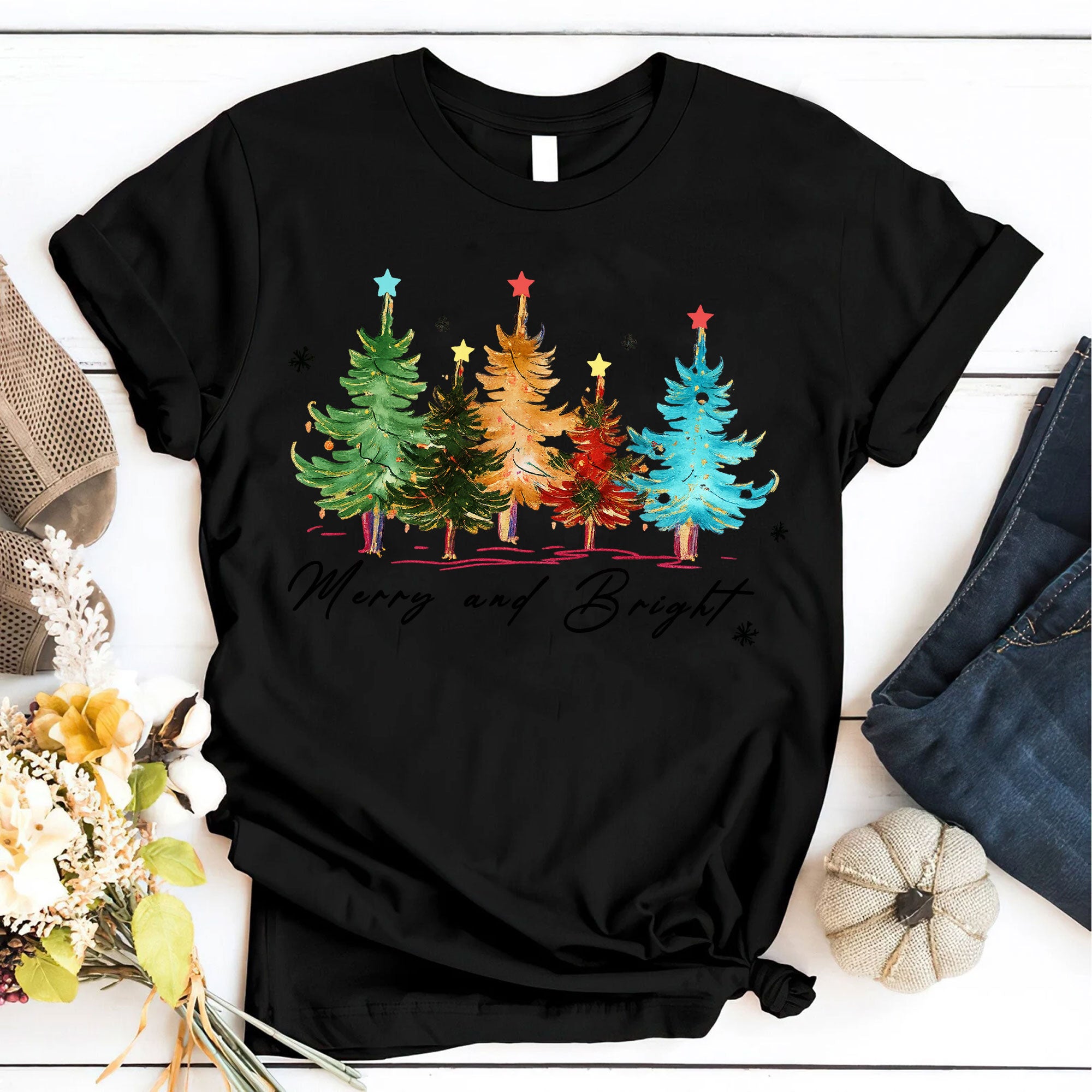 Festive Christmas Graphic Tee - Merry and Bright Holiday T-Shirt with Colorful Tree Design - Perfect Casual Seasonal Outfit
 - 6