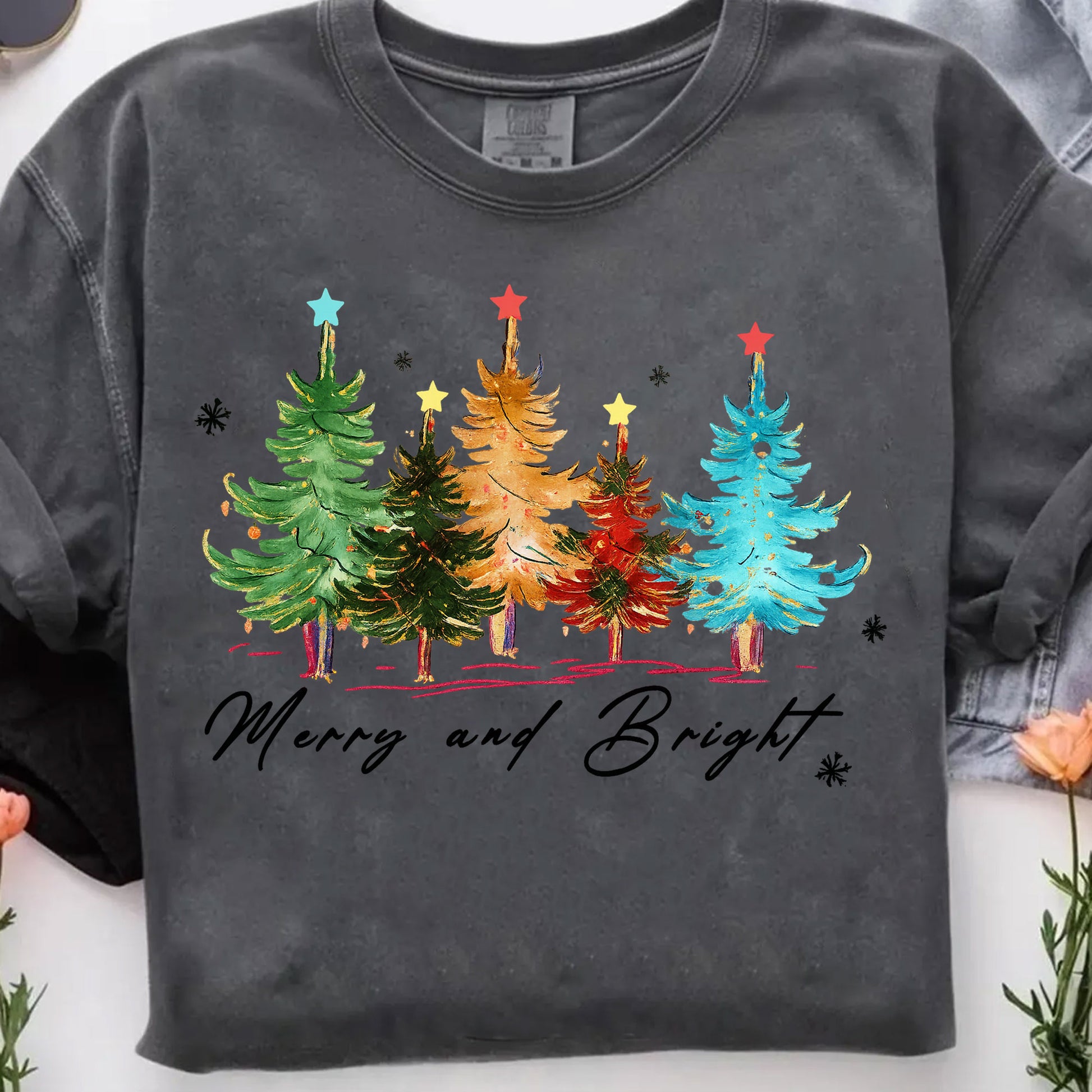Festive Christmas Graphic Tee - Merry and Bright Holiday T-Shirt with Colorful Tree Design - Perfect Casual Seasonal Outfit
 - 7