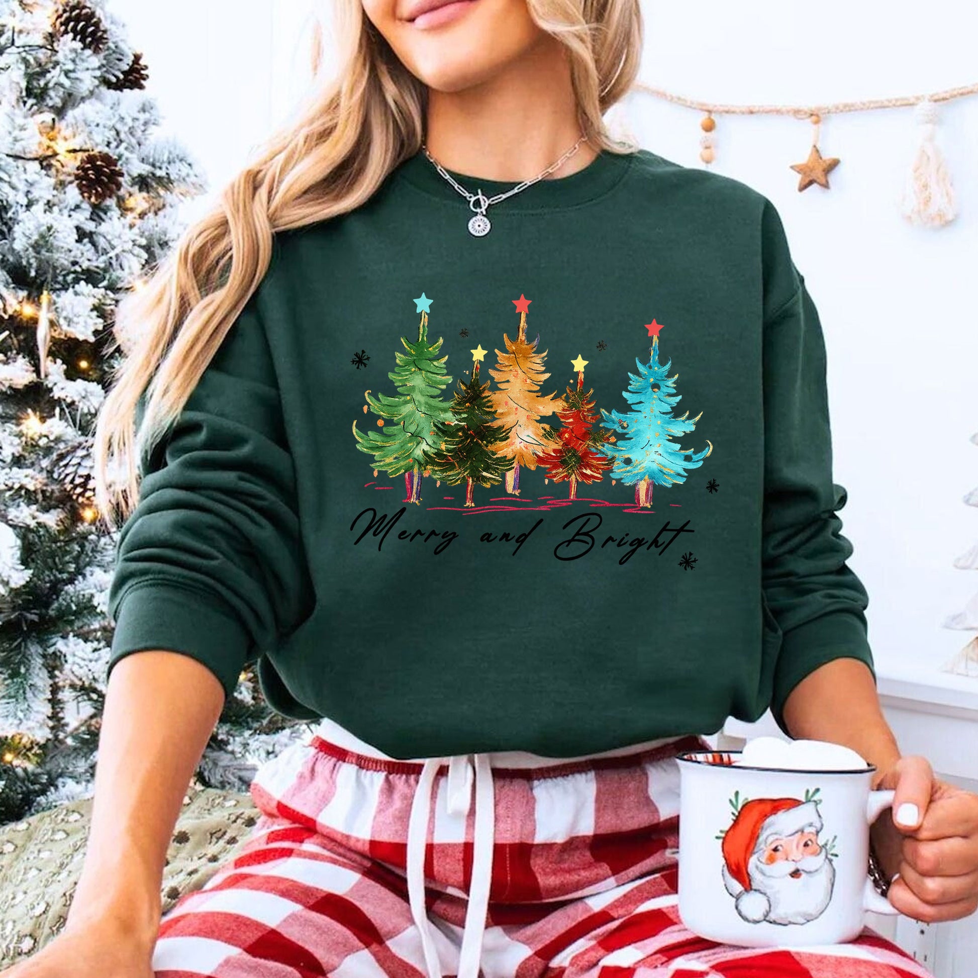 Festive Christmas Graphic Tee - Merry and Bright Holiday T-Shirt with Colorful Tree Design - Perfect Casual Seasonal Outfit
 - 8