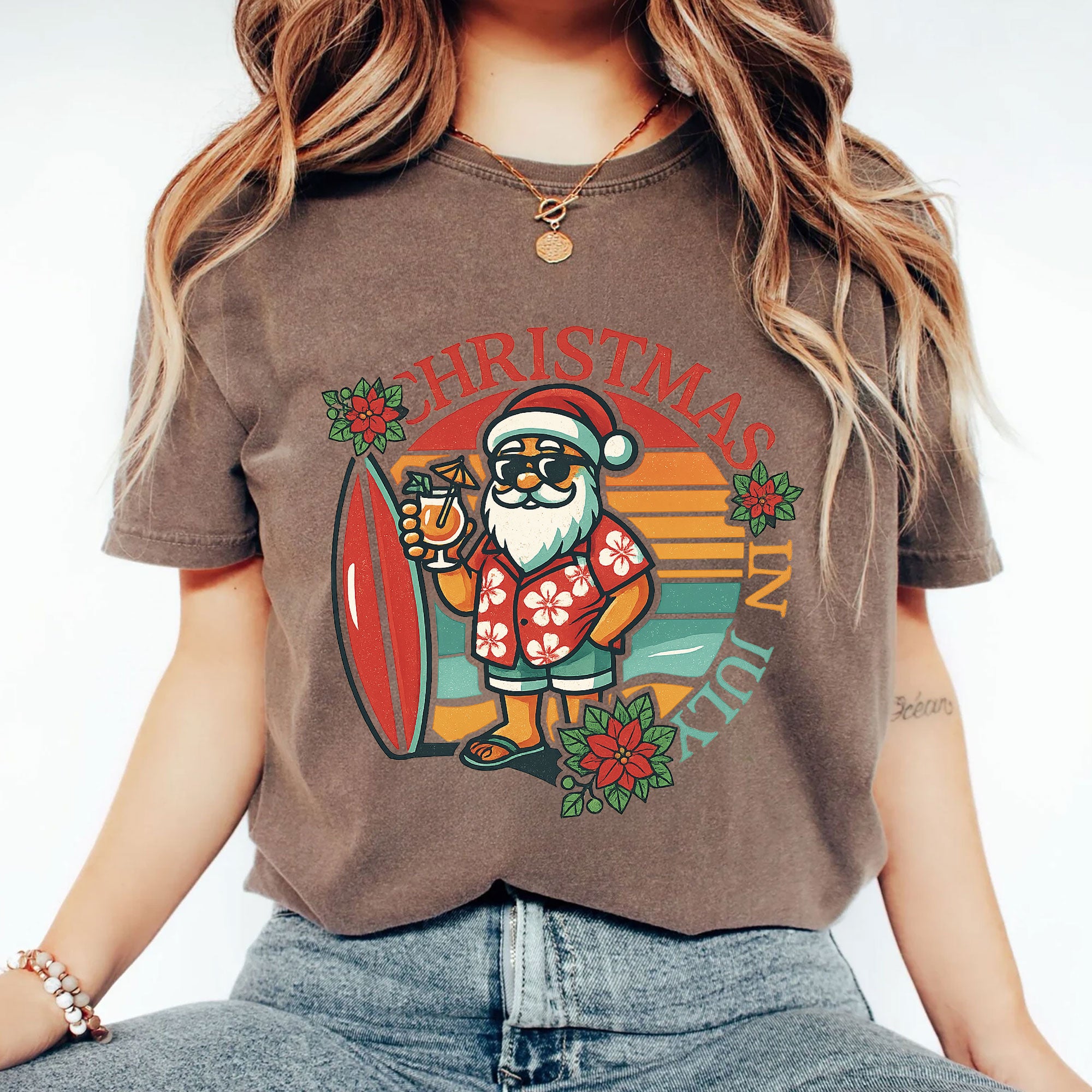 Festive Christmas in July Graphic Tee - Surfer Santa Design, Fun Holiday Style, Perfect for Summer Celebrations, Unisex Fit
 - 2