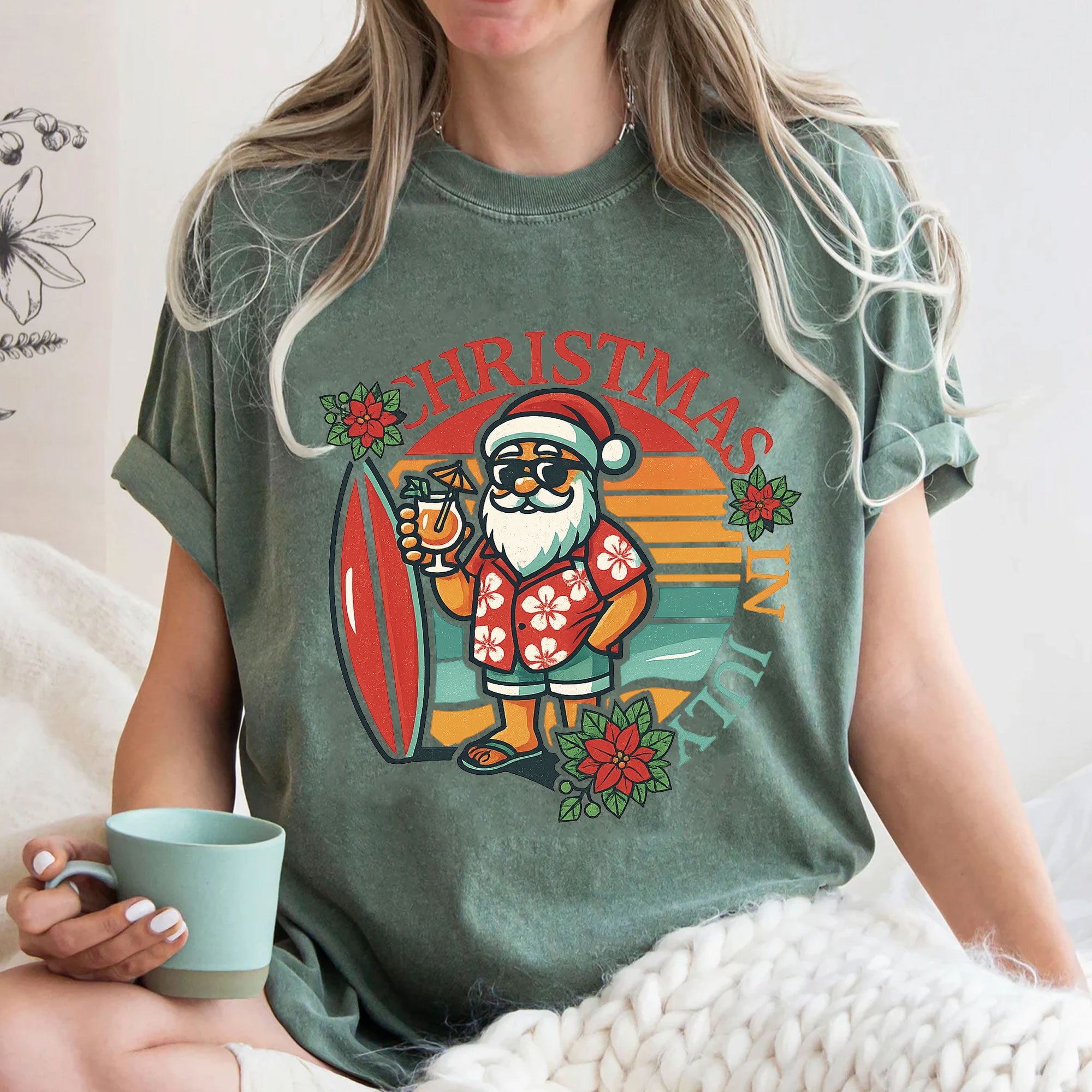Festive Christmas in July Graphic Tee - Surfer Santa Design, Fun Holiday Style, Perfect for Summer Celebrations, Unisex Fit
 - 3