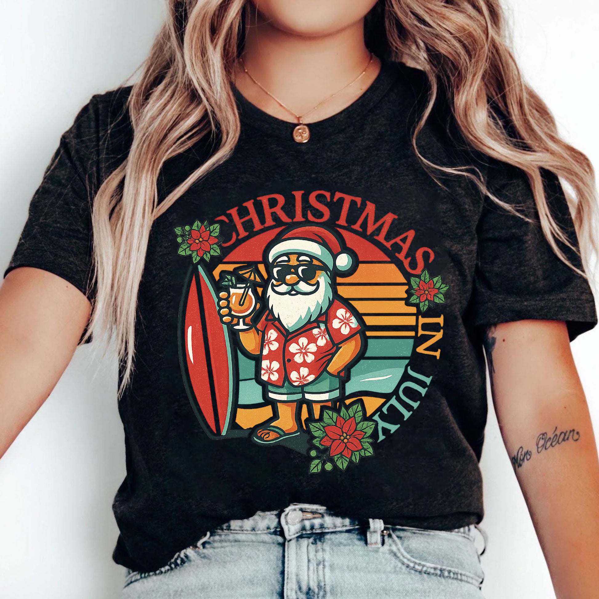 Festive Christmas in July Graphic Tee - Surfer Santa Design, Fun Holiday Style, Perfect for Summer Celebrations, Unisex Fit
 - 5