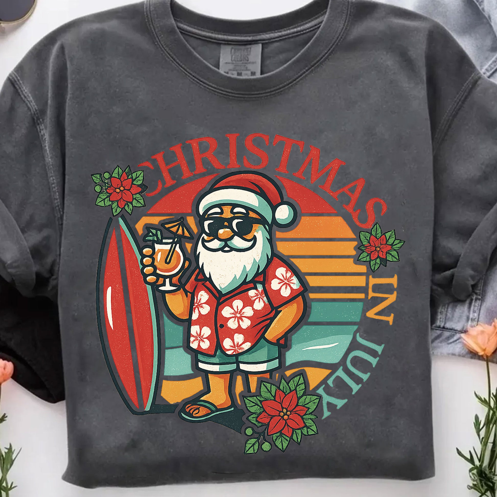 Festive Christmas in July Graphic Tee - Surfer Santa Design, Fun Holiday Style, Perfect for Summer Celebrations, Unisex Fit
 - 7