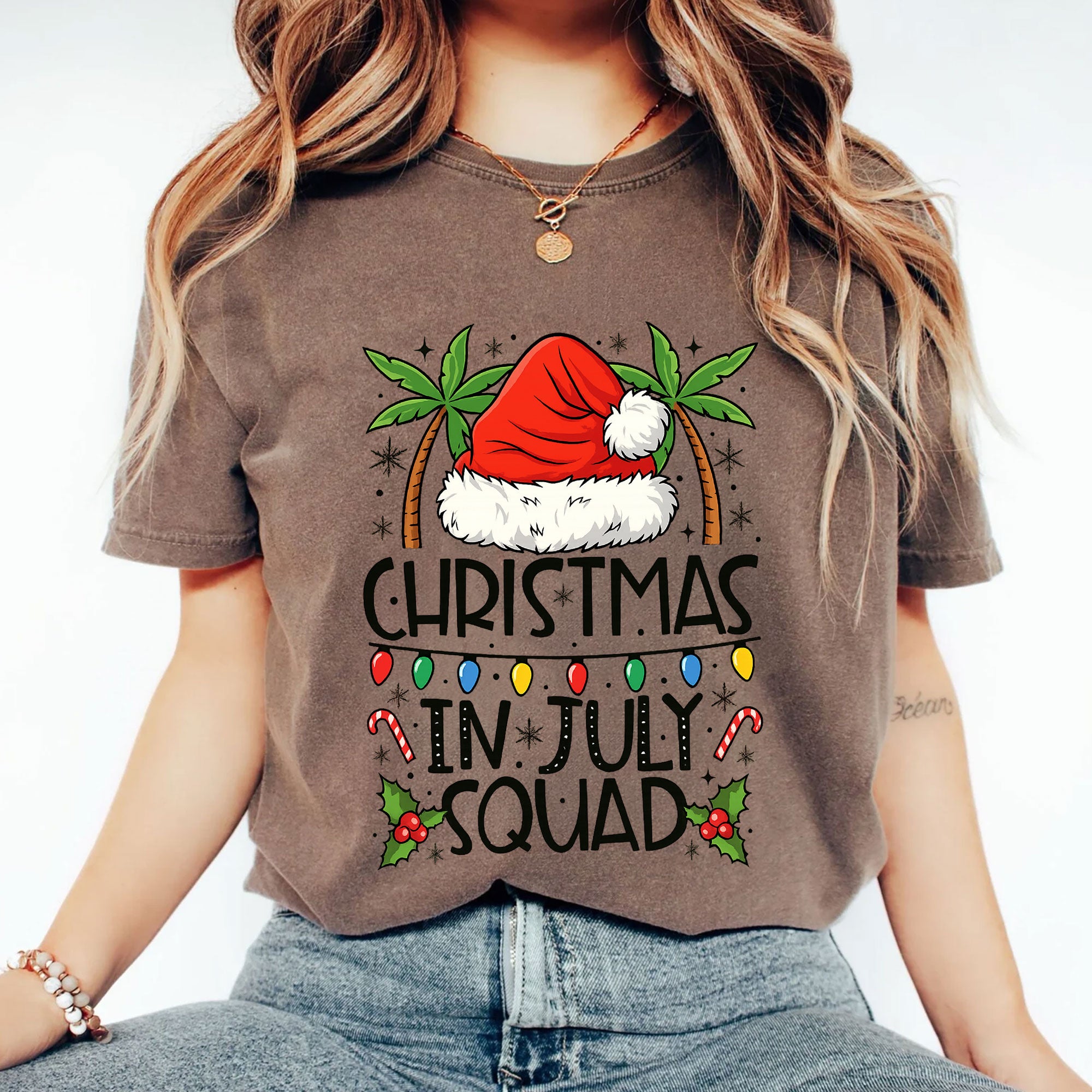 Festive 'Christmas in July Squad' T-Shirt with Santa Hat and Palm Trees - Perfect Holiday Celebration Tee for Summer Fun
 - 2