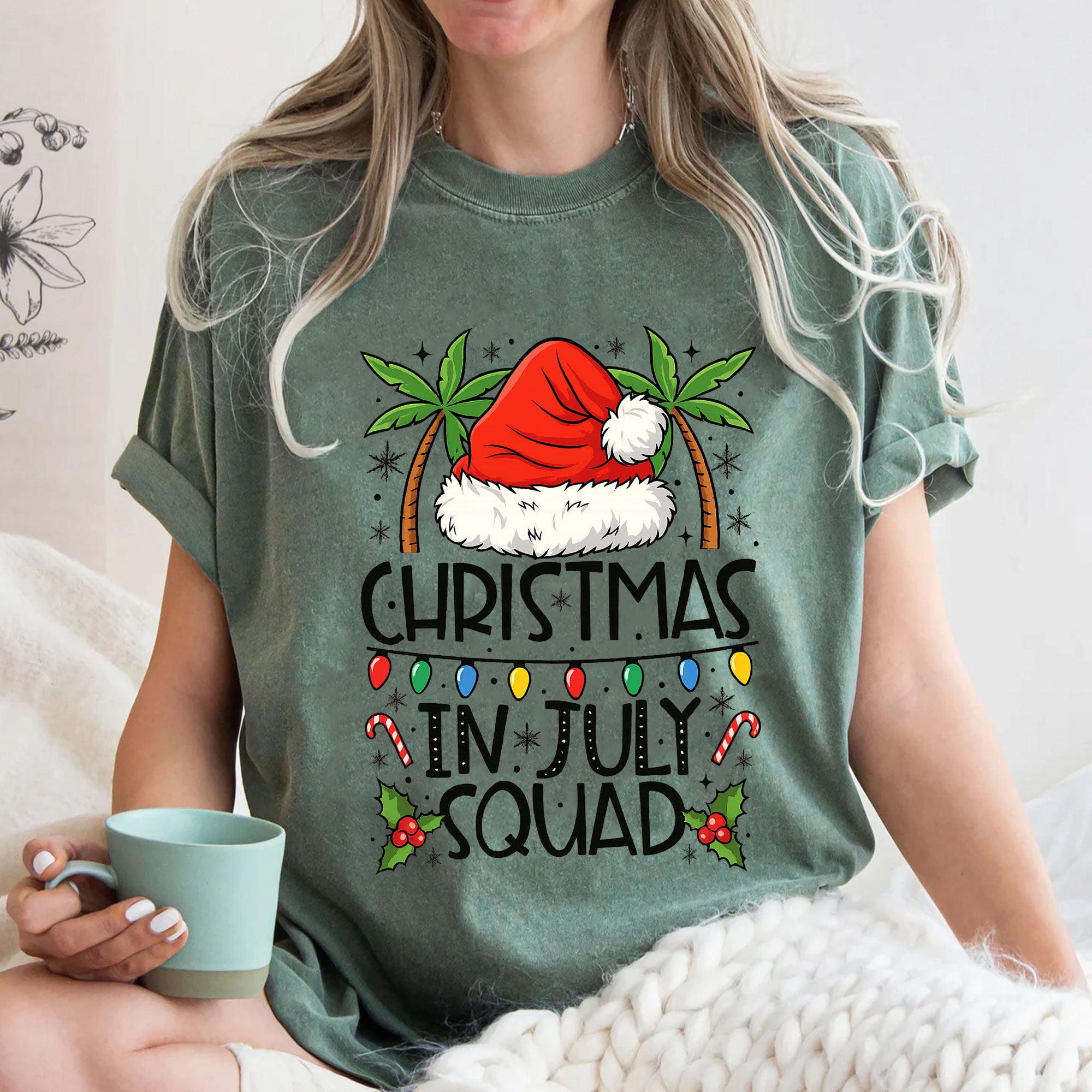 Festive 'Christmas in July Squad' T-Shirt with Santa Hat and Palm Trees - Perfect Holiday Celebration Tee for Summer Fun
 - 3