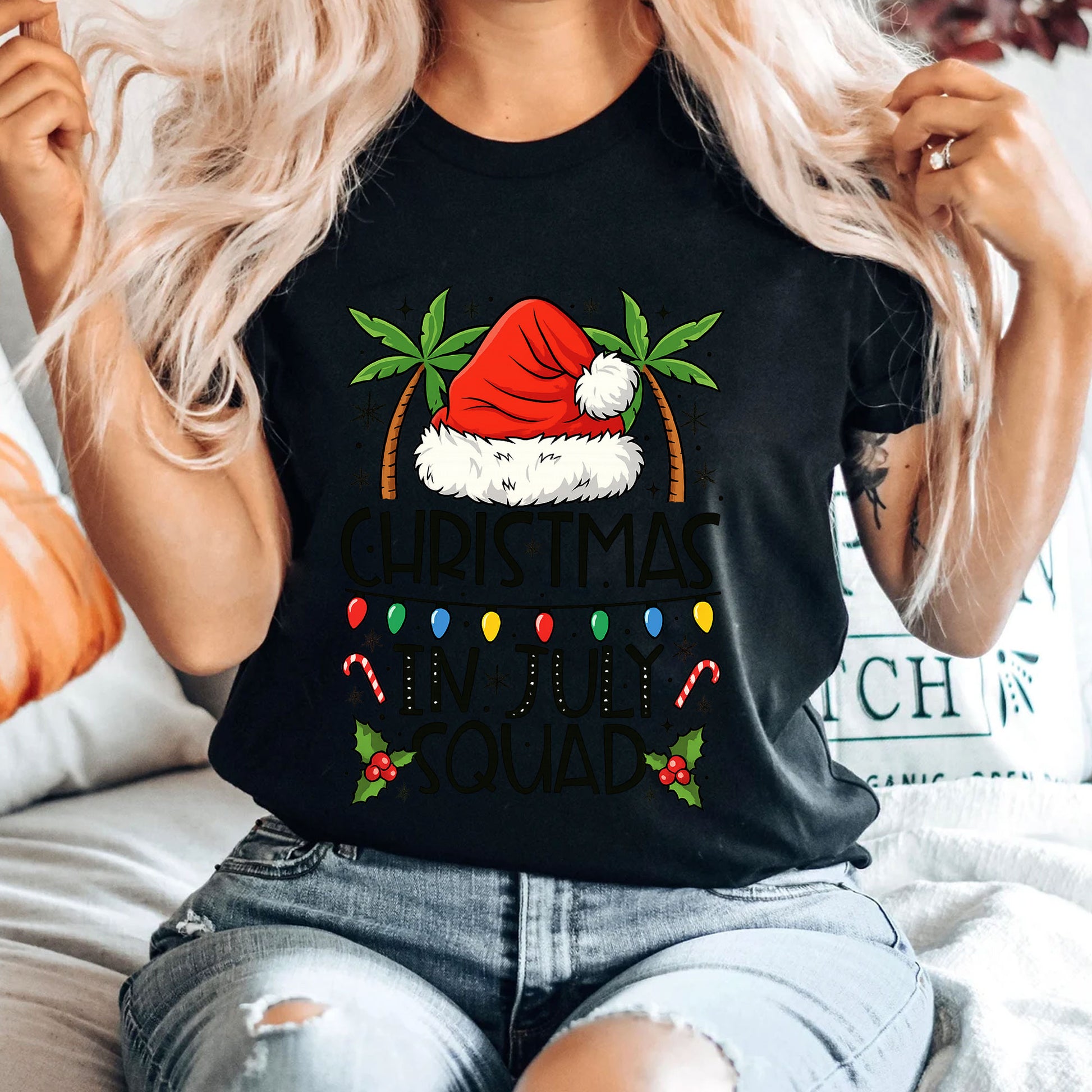 Festive 'Christmas in July Squad' T-Shirt with Santa Hat and Palm Trees - Perfect Holiday Celebration Tee for Summer Fun
 - 4