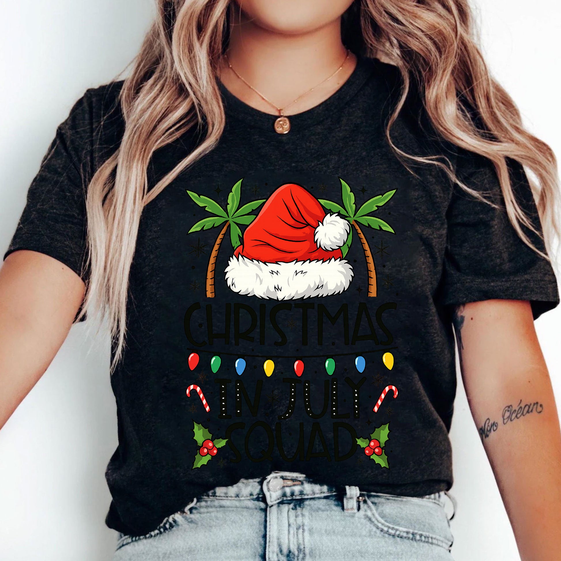 Festive 'Christmas in July Squad' T-Shirt with Santa Hat and Palm Trees - Perfect Holiday Celebration Tee for Summer Fun
 - 5
