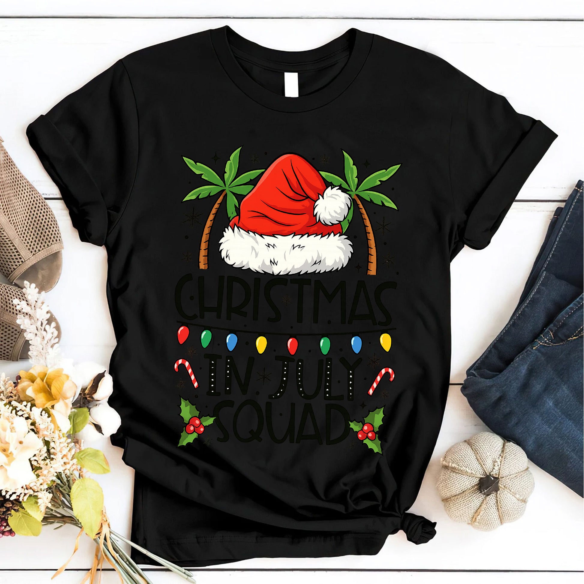 Festive 'Christmas in July Squad' T-Shirt with Santa Hat and Palm Trees - Perfect Holiday Celebration Tee for Summer Fun
 - 6