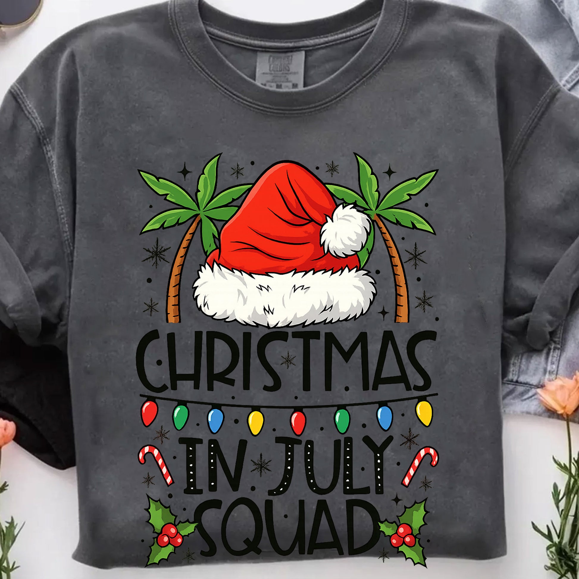 Festive 'Christmas in July Squad' T-Shirt with Santa Hat and Palm Trees - Perfect Holiday Celebration Tee for Summer Fun
 - 7