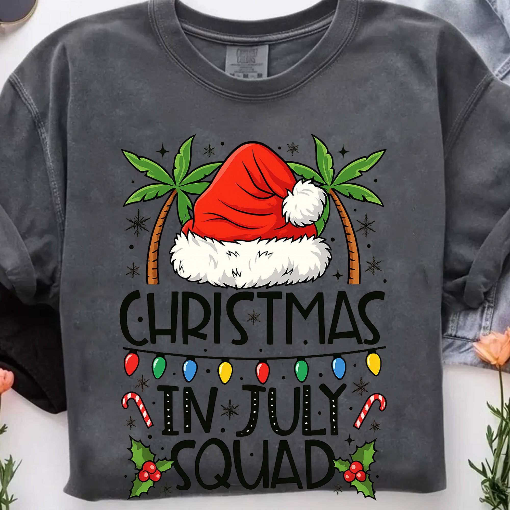 Festive 'Christmas in July Squad' T-Shirt with Santa Hat and Palm Trees - Perfect Holiday Celebration Tee for Summer Fun
 - 7