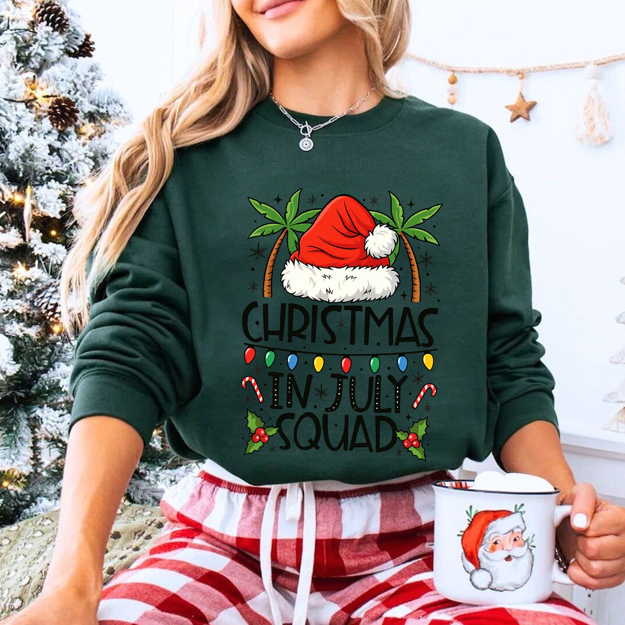 Festive 'Christmas in July Squad' T-Shirt with Santa Hat and Palm Trees - Perfect Holiday Celebration Tee for Summer Fun
 - 8