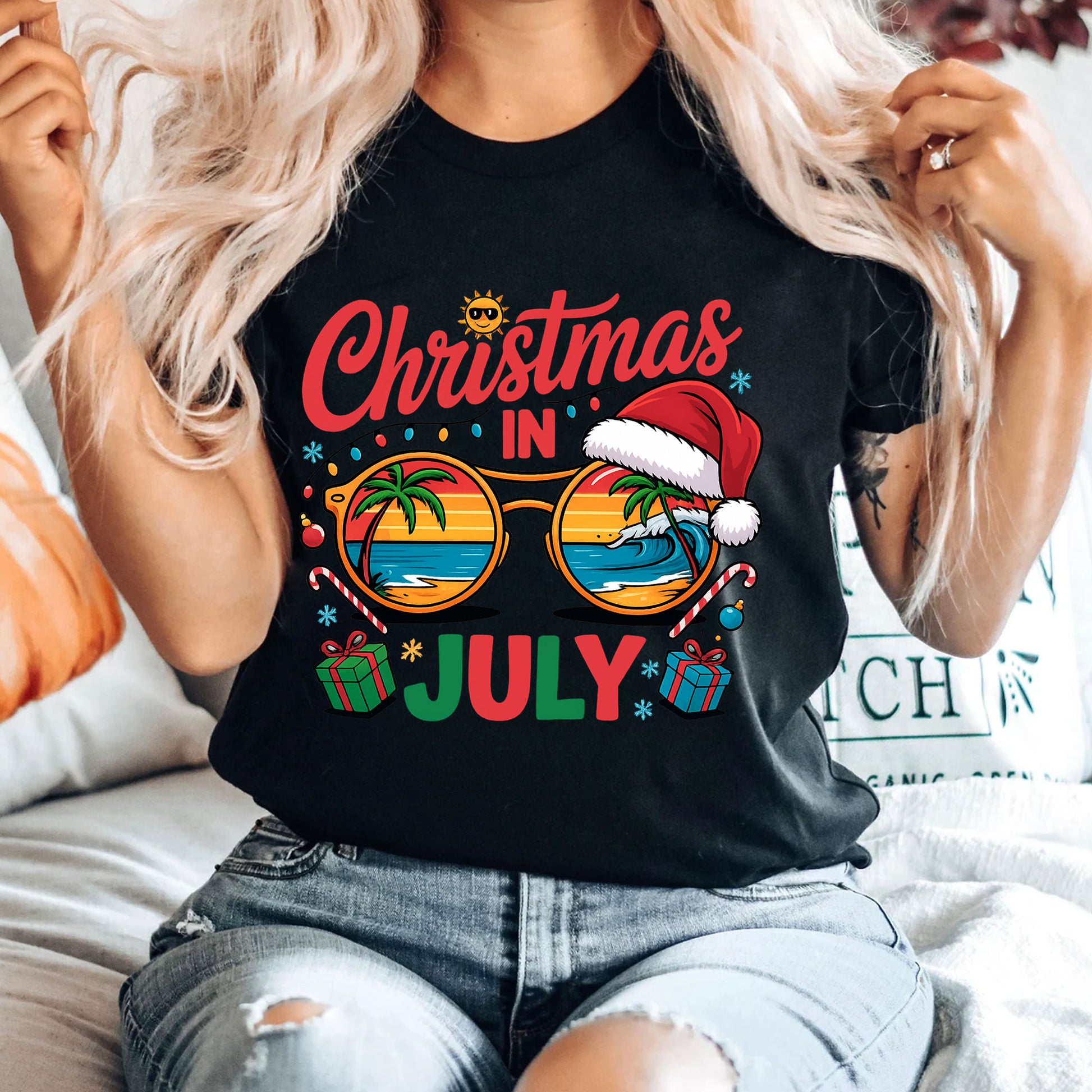 Festive Christmas in July Women's T-Shirt: Fun Holiday Graphic Tee Featuring Beach Scene, Sunglasses, and Santa Hat Design
 - 4