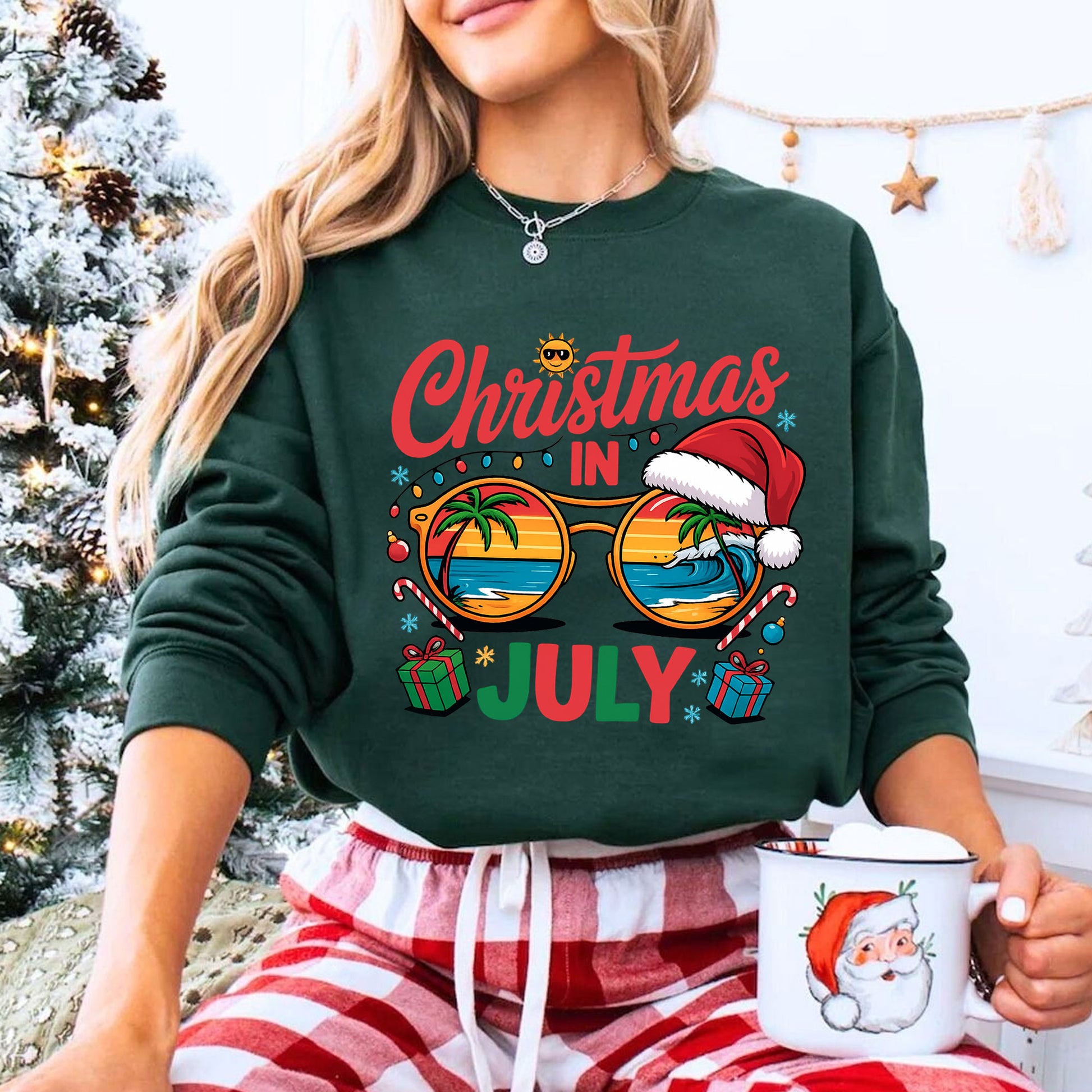 Festive Christmas in July Women's T-Shirt: Fun Holiday Graphic Tee Featuring Beach Scene, Sunglasses, and Santa Hat Design
 - 8