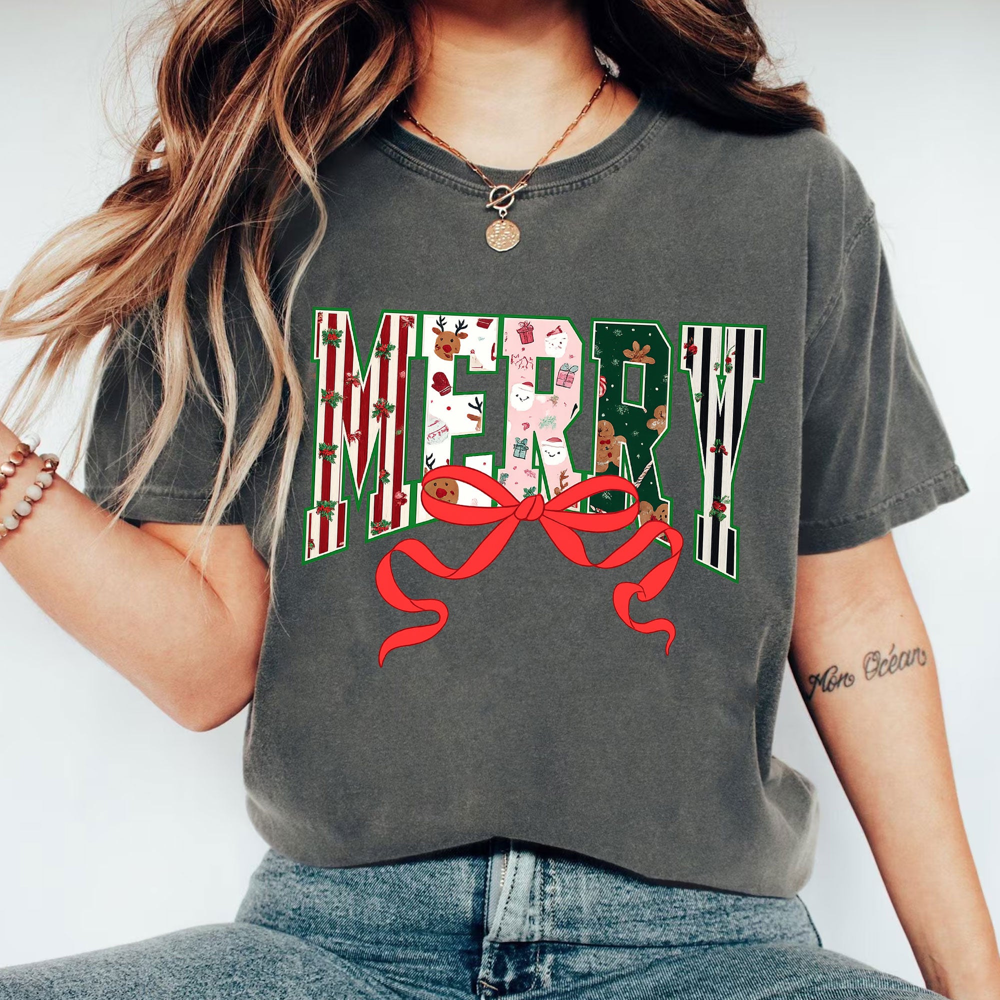 Festive Christmas T-Shirt with Merry Lettering and Cute Holiday Designs, Perfect Casual Holiday Apparel for Women - Gift Idea
 - 1