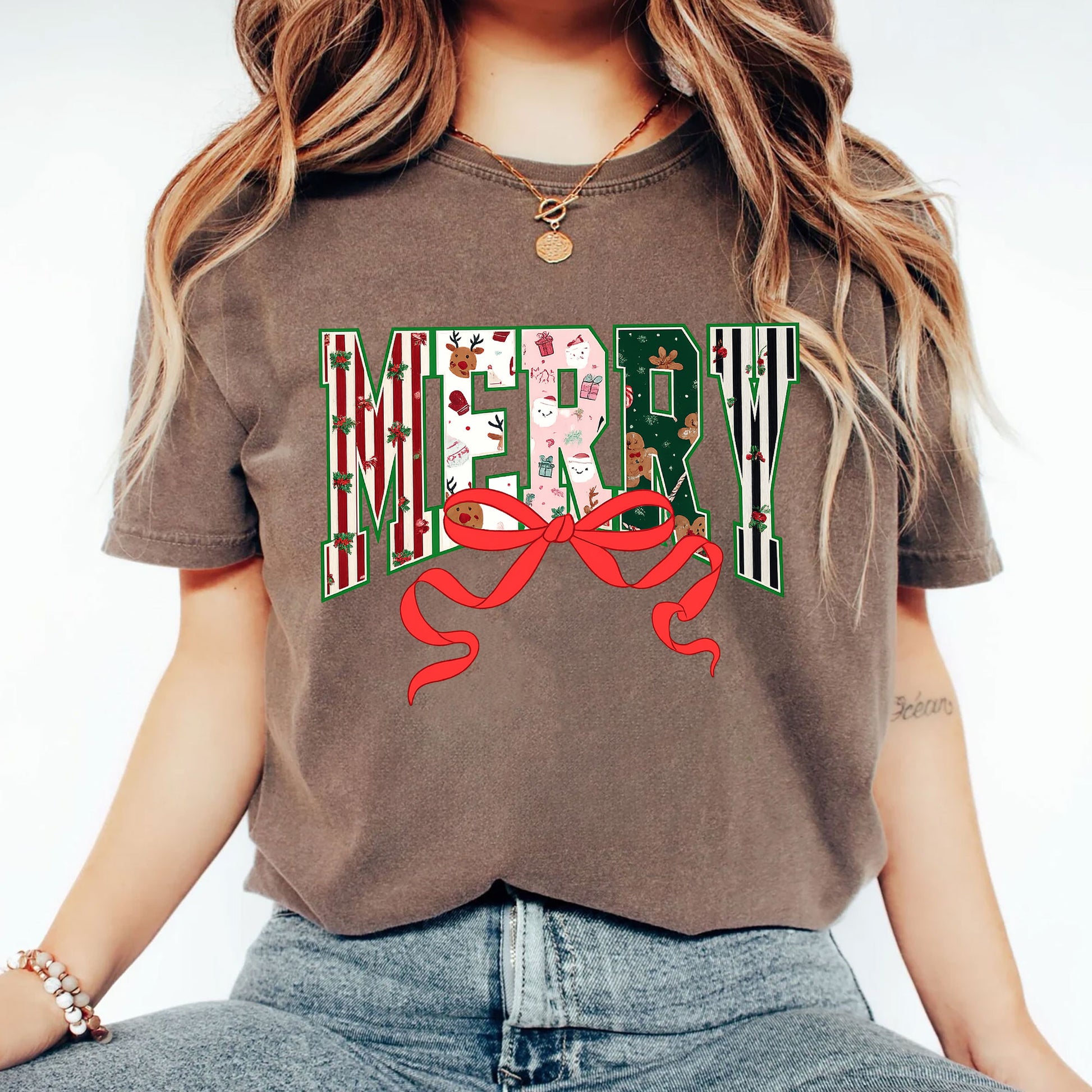 Festive Christmas T-Shirt with Merry Lettering and Cute Holiday Designs, Perfect Casual Holiday Apparel for Women - Gift Idea
 - 2