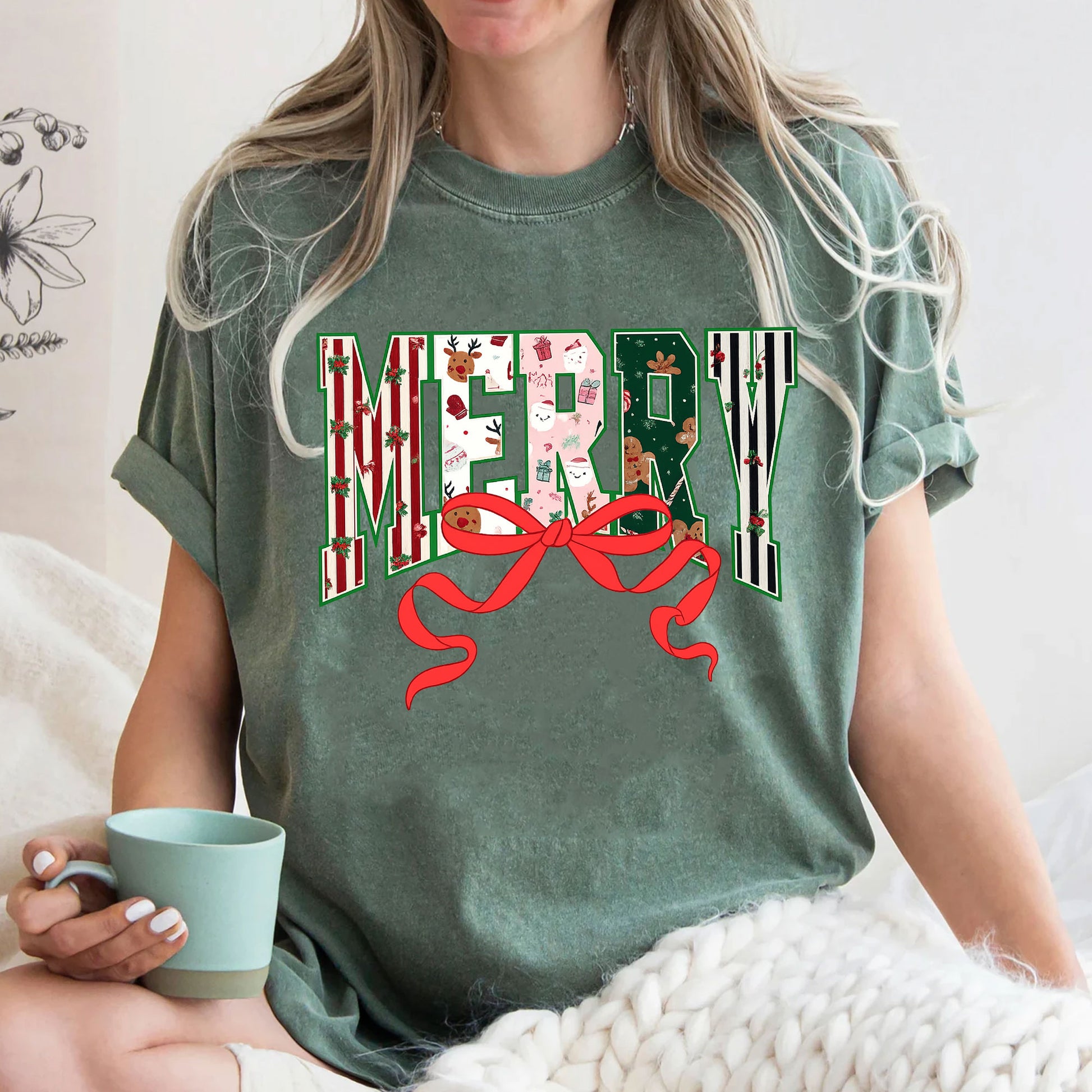 Festive Christmas T-Shirt with Merry Lettering and Cute Holiday Designs, Perfect Casual Holiday Apparel for Women - Gift Idea
 - 3