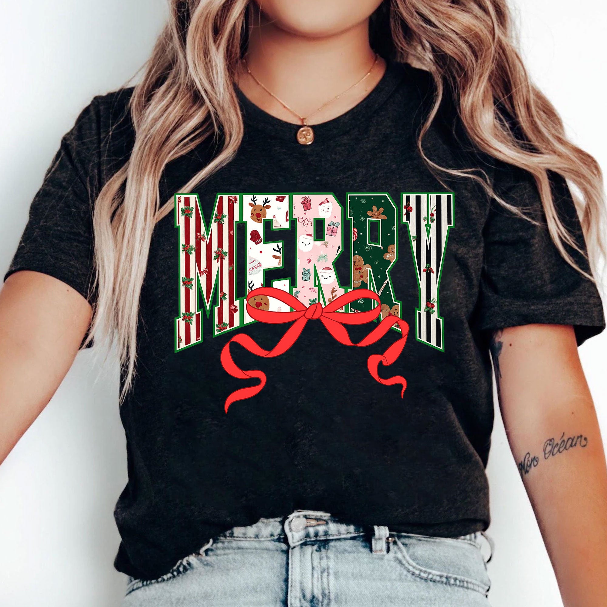 Festive Christmas T-Shirt with Merry Lettering and Cute Holiday Designs, Perfect Casual Holiday Apparel for Women - Gift Idea
 - 5