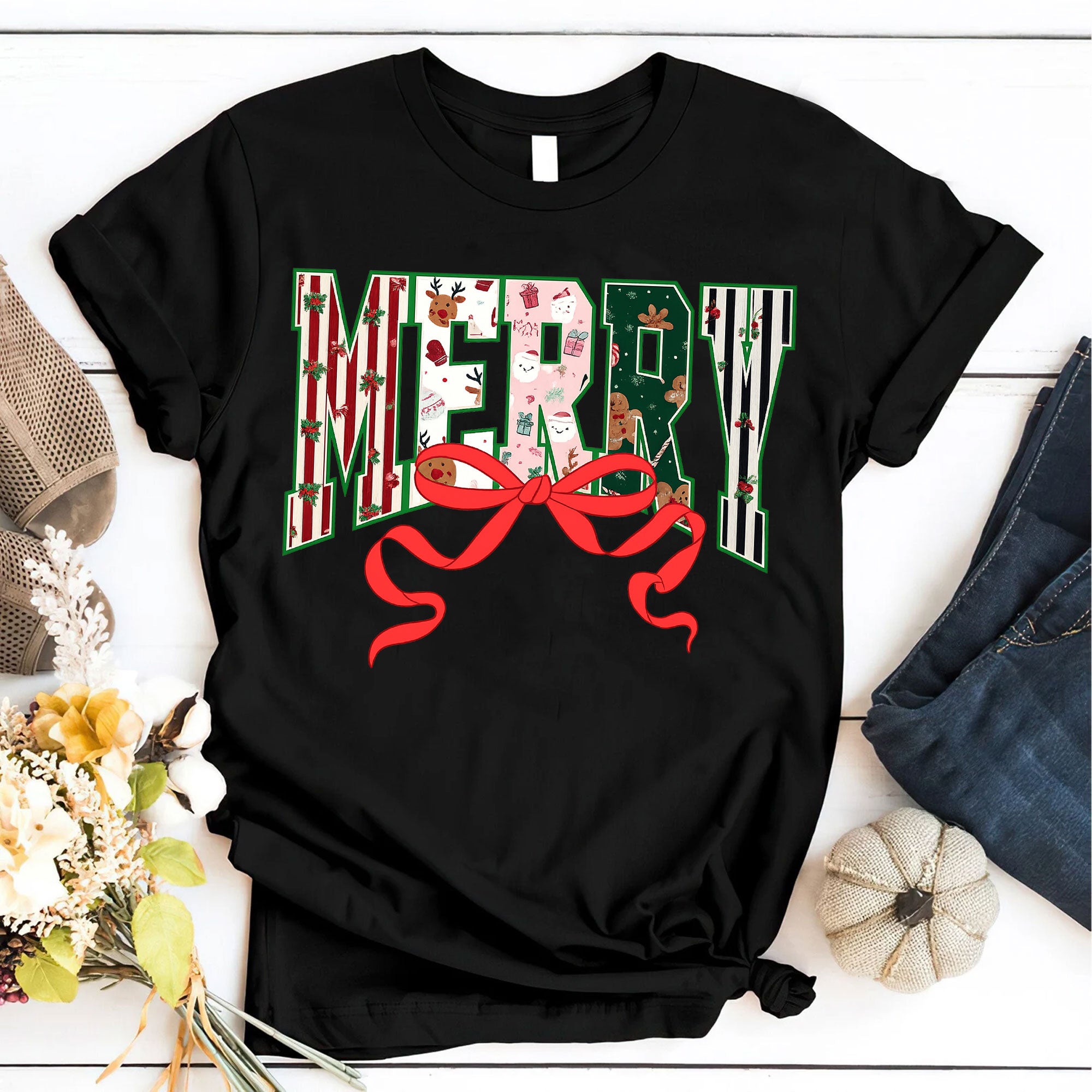 Festive Christmas T-Shirt with Merry Lettering and Cute Holiday Designs, Perfect Casual Holiday Apparel for Women - Gift Idea
 - 6