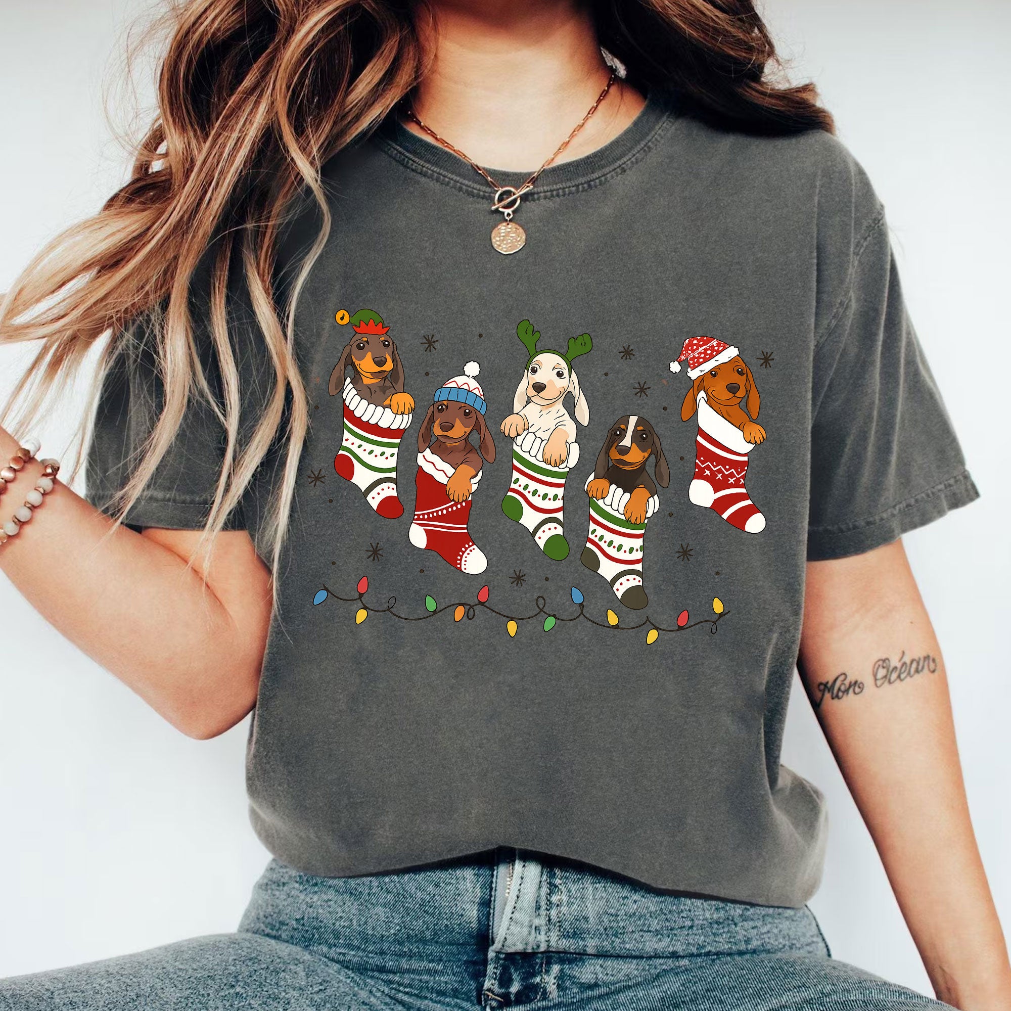 Festive Dachshund Christmas Stocking Shirt - Cute Holiday Dog Lover Graphic Tee with Colorful Lights and Cozy Puppies Design
 - 1