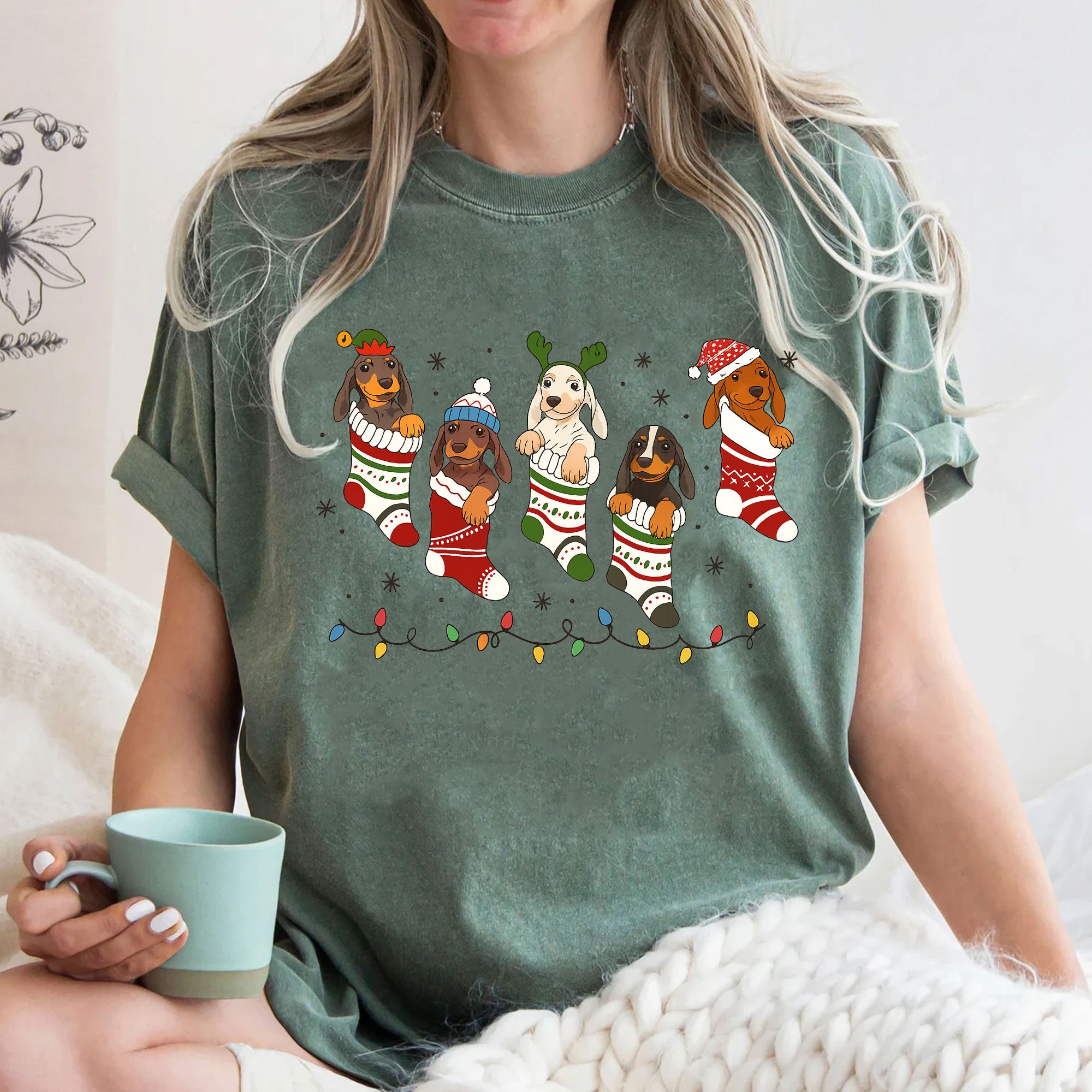 Festive Dachshund Christmas Stocking Shirt - Cute Holiday Dog Lover Graphic Tee with Colorful Lights and Cozy Puppies Design
 - 3