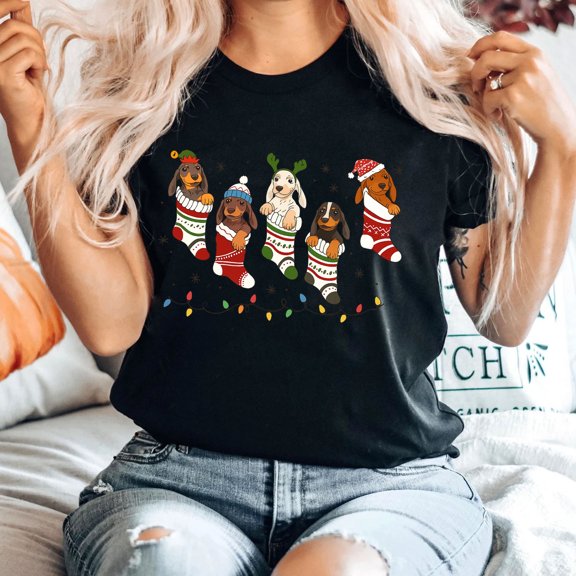 Festive Dachshund Christmas Stocking Shirt - Cute Holiday Dog Lover Graphic Tee with Colorful Lights and Cozy Puppies Design
 - 4