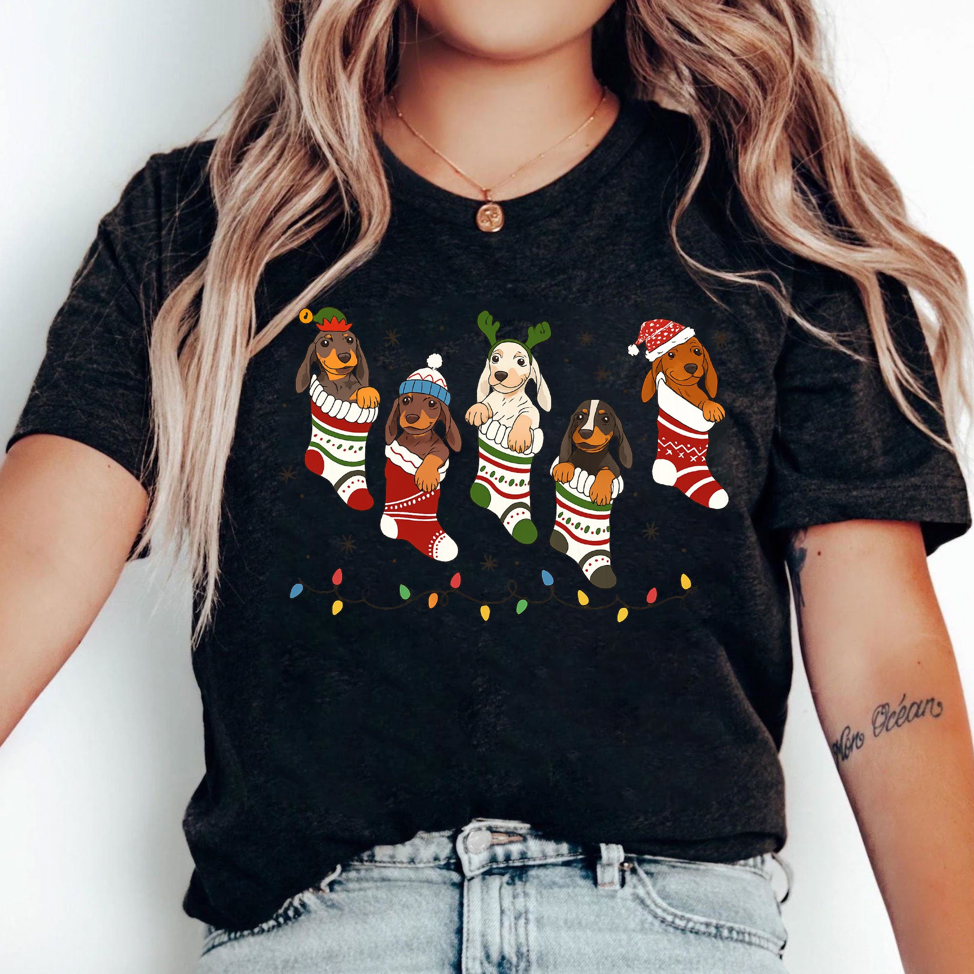 Festive Dachshund Christmas Stocking Shirt - Cute Holiday Dog Lover Graphic Tee with Colorful Lights and Cozy Puppies Design
 - 5