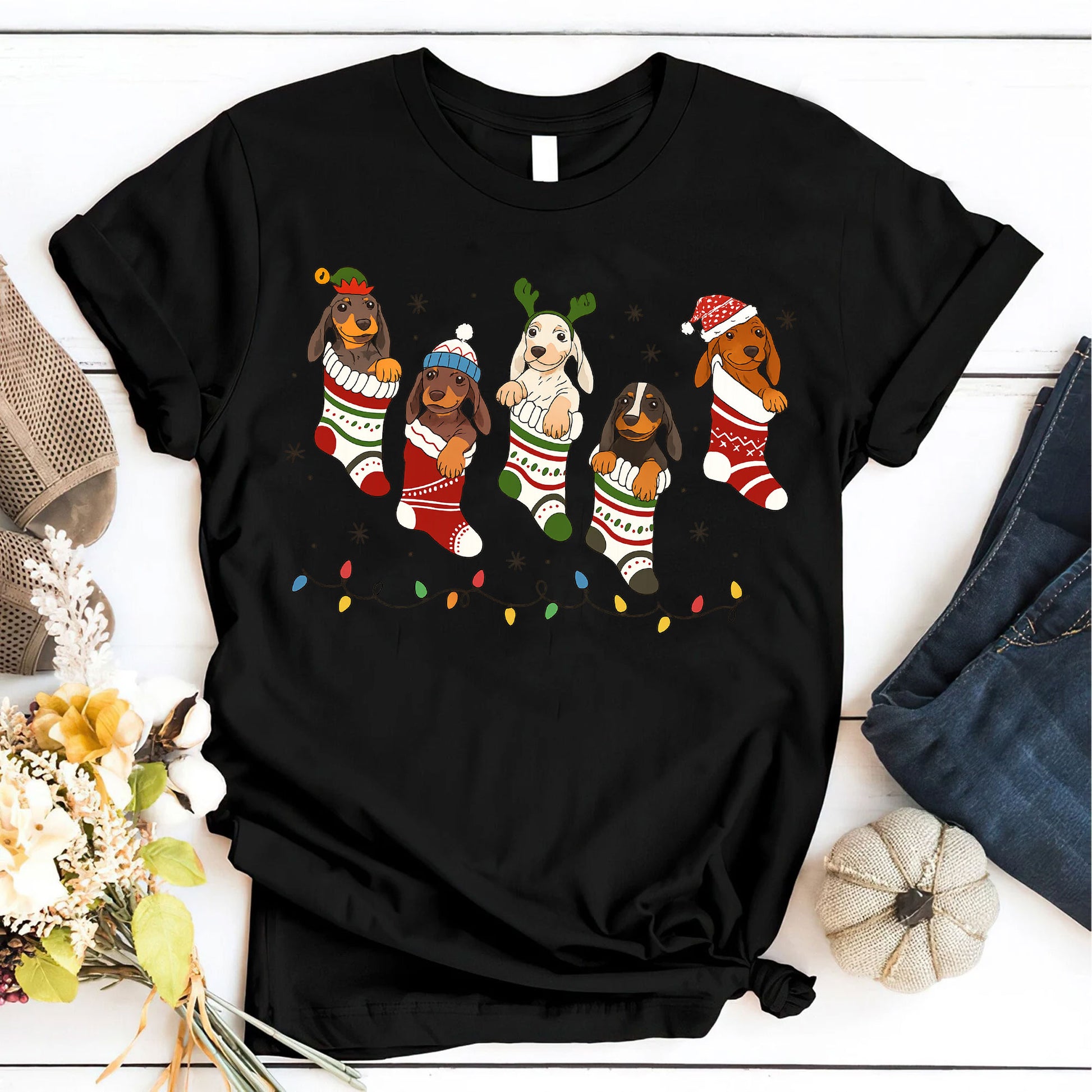 Festive Dachshund Christmas Stocking Shirt - Cute Holiday Dog Lover Graphic Tee with Colorful Lights and Cozy Puppies Design
 - 6