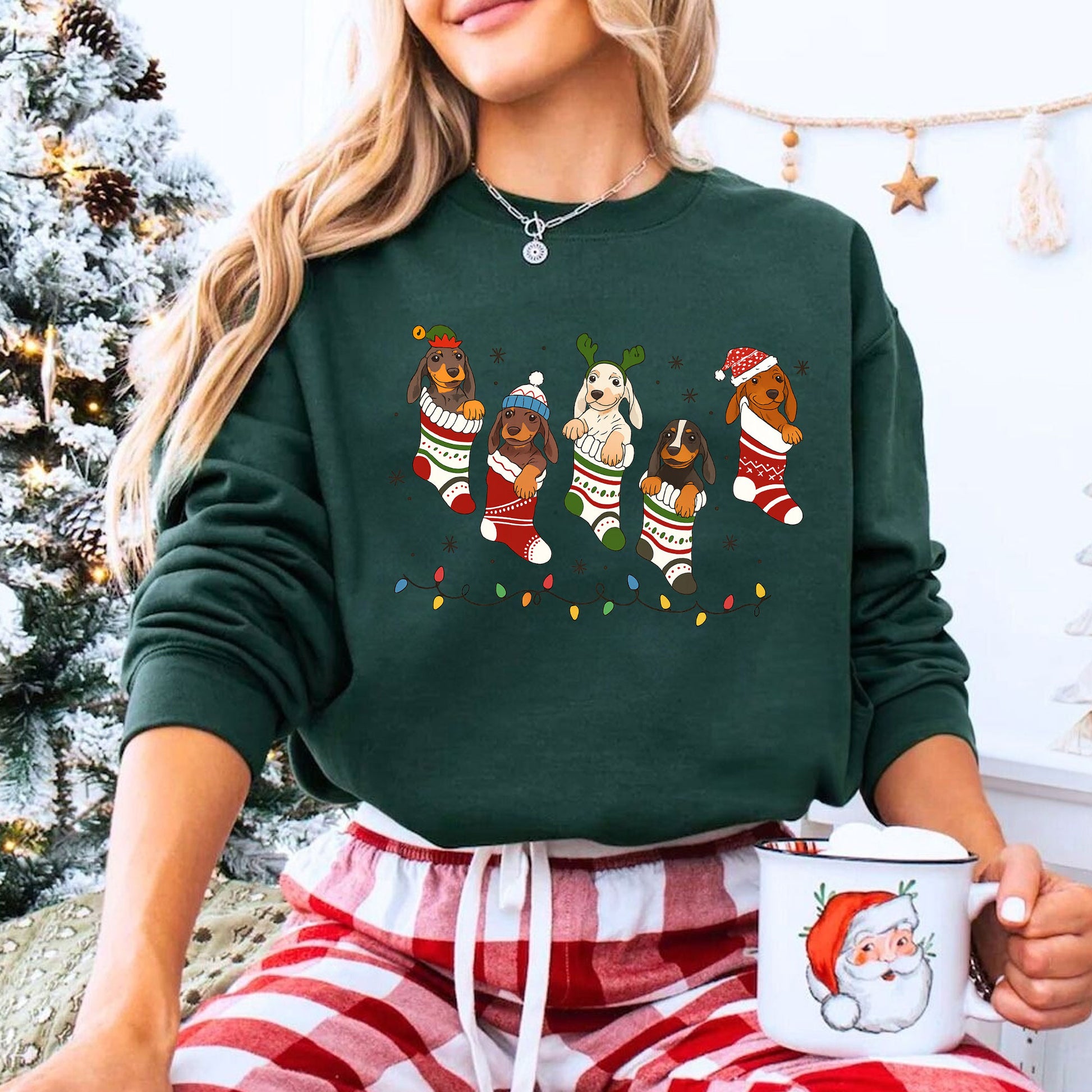 Festive Dachshund Christmas Stocking Shirt - Cute Holiday Dog Lover Graphic Tee with Colorful Lights and Cozy Puppies Design
 - 8