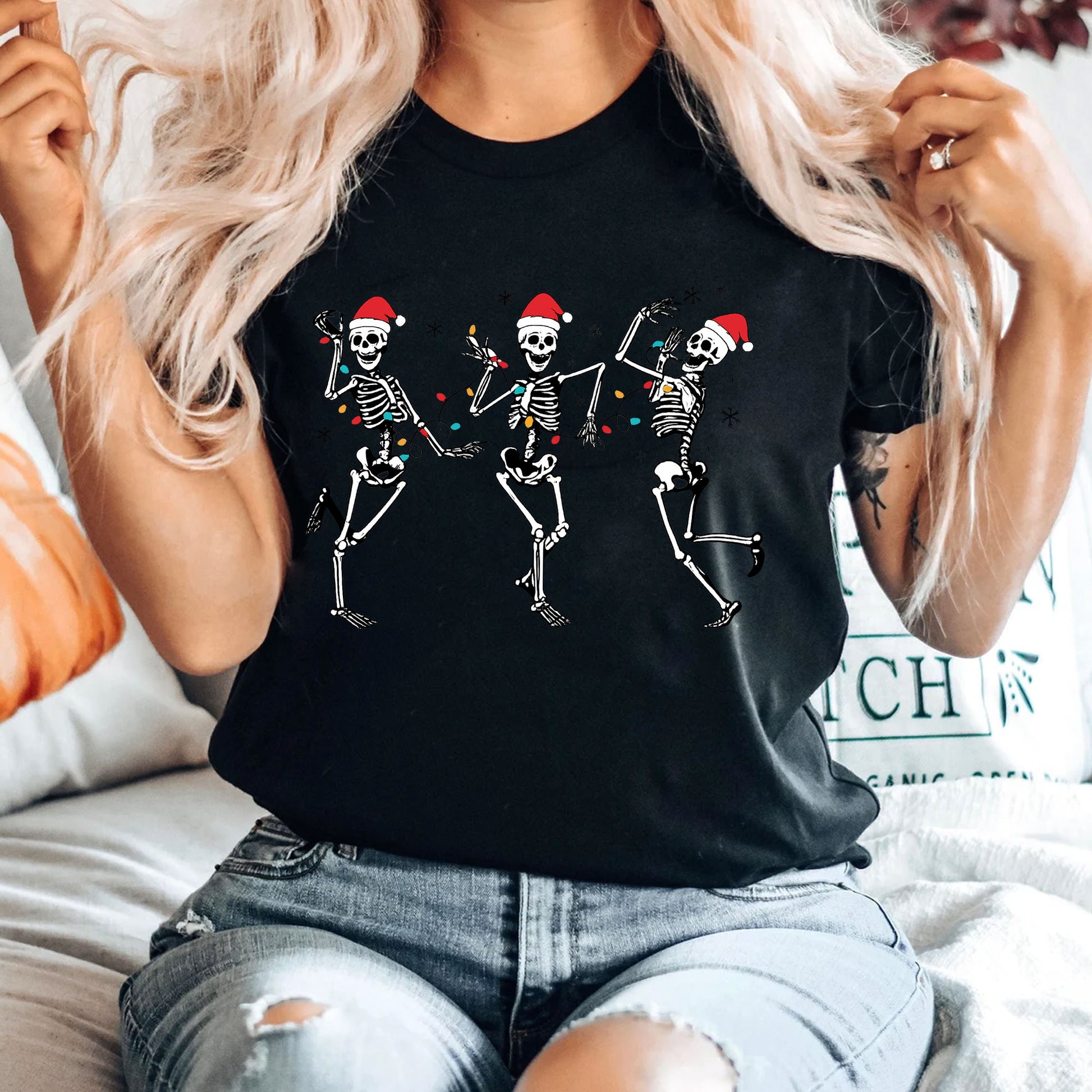Festive Dancing Skeletons Christmas T-Shirt – Funny Holiday Skeleton Graphic Tee with Santa Hats for Women – Unique Christmas Apparel
 - 4