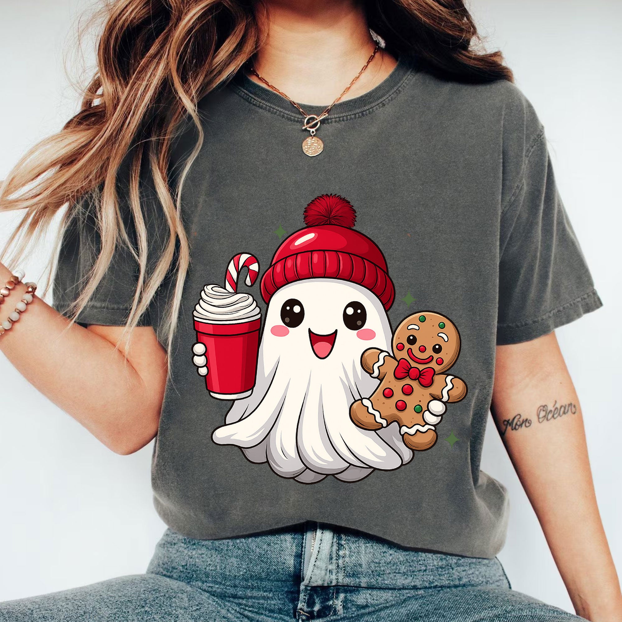 Festive Ghost Holiday T-Shirt with Cute Gingerbread and Hot Cocoa Design, Perfect Christmas Tee for Cozy Winter Fashion
 - 1