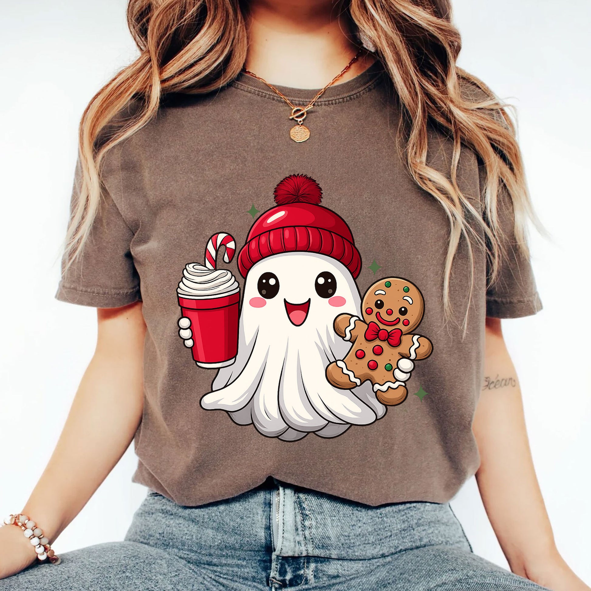 Festive Ghost Holiday T-Shirt with Cute Gingerbread and Hot Cocoa Design, Perfect Christmas Tee for Cozy Winter Fashion
 - 2