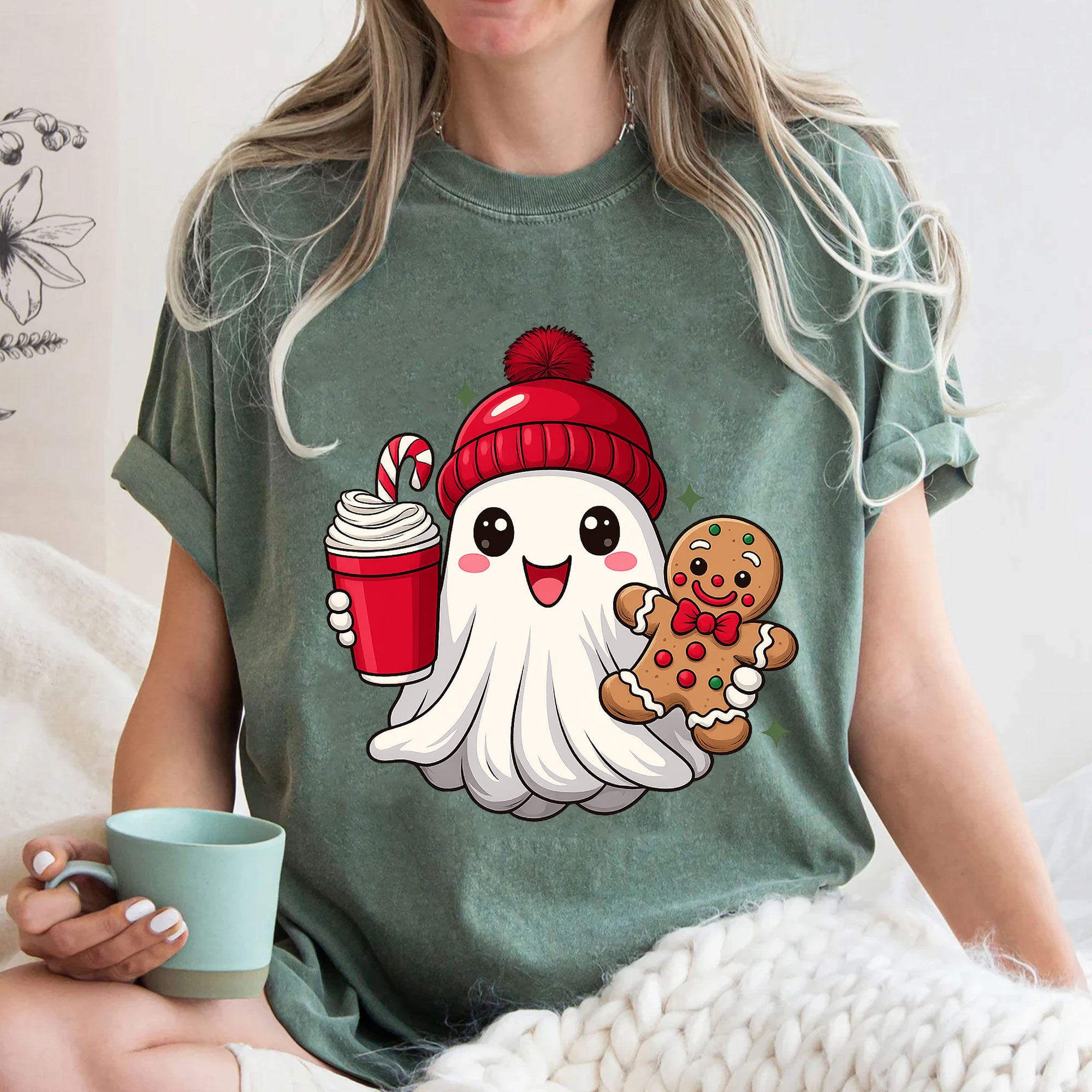 Festive Ghost Holiday T-Shirt with Cute Gingerbread and Hot Cocoa Design, Perfect Christmas Tee for Cozy Winter Fashion
 - 3