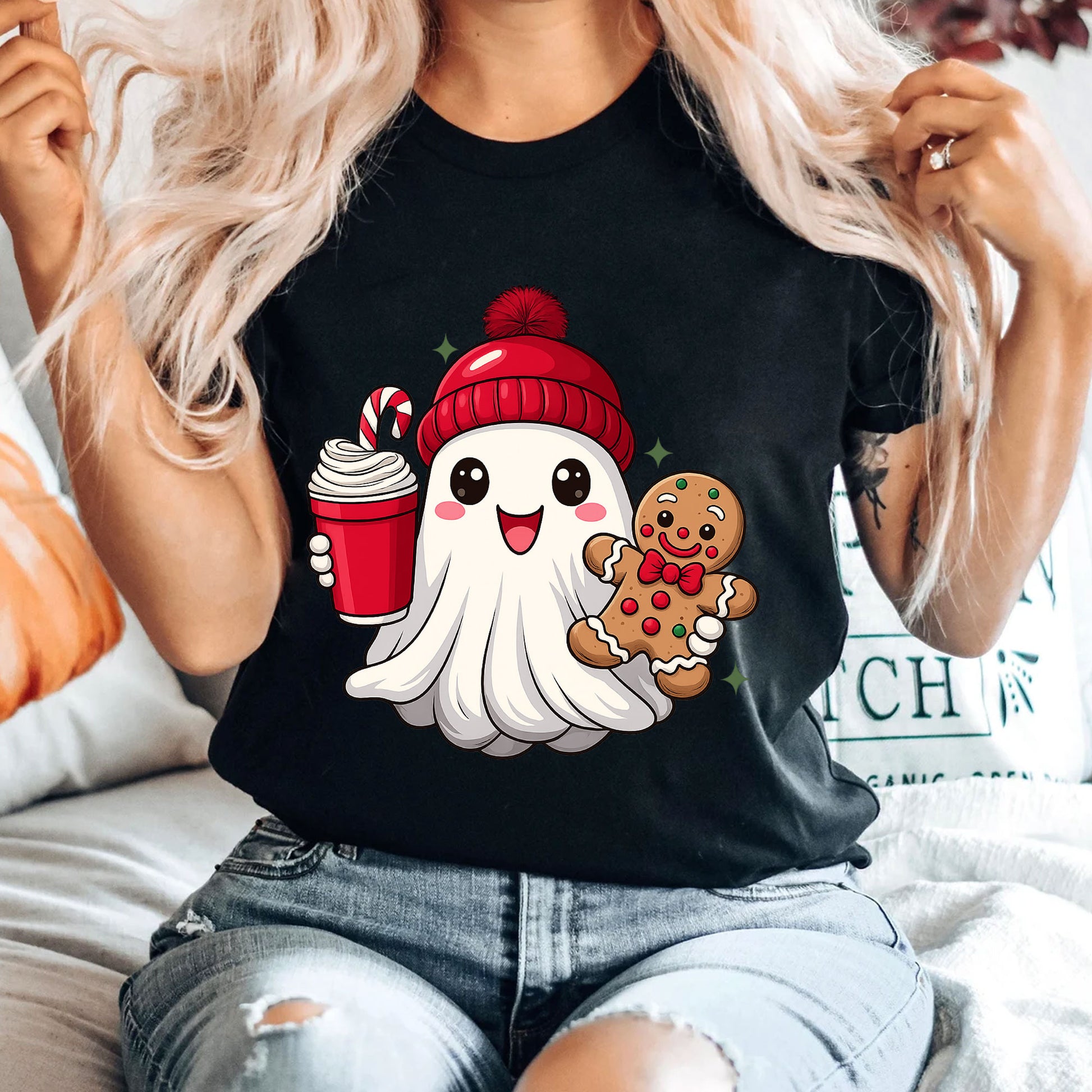 Festive Ghost Holiday T-Shirt with Cute Gingerbread and Hot Cocoa Design, Perfect Christmas Tee for Cozy Winter Fashion
 - 4