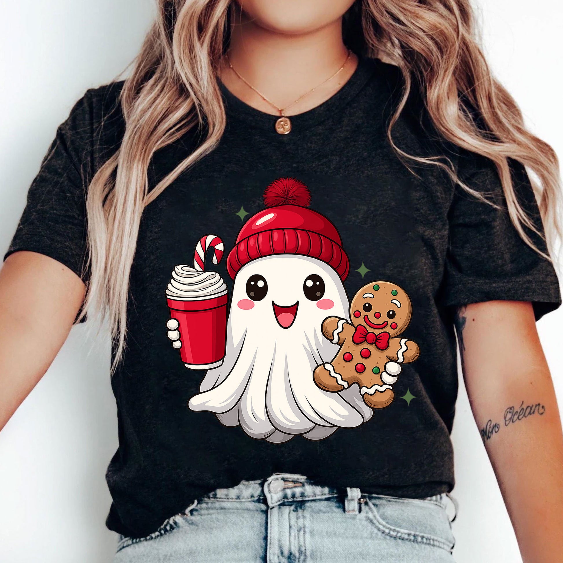 Festive Ghost Holiday T-Shirt with Cute Gingerbread and Hot Cocoa Design, Perfect Christmas Tee for Cozy Winter Fashion
 - 5