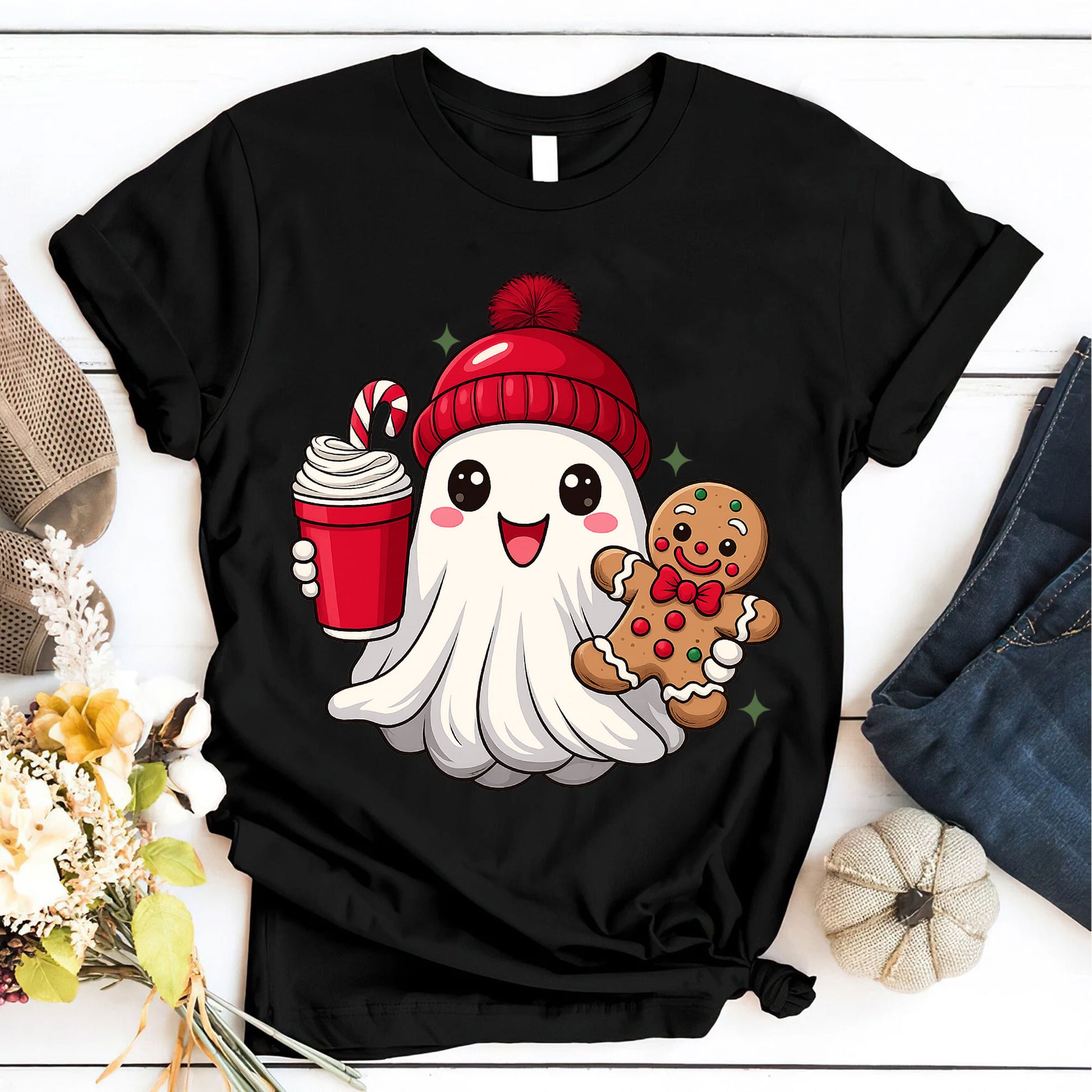 Festive Ghost Holiday T-Shirt with Cute Gingerbread and Hot Cocoa Design, Perfect Christmas Tee for Cozy Winter Fashion
 - 6