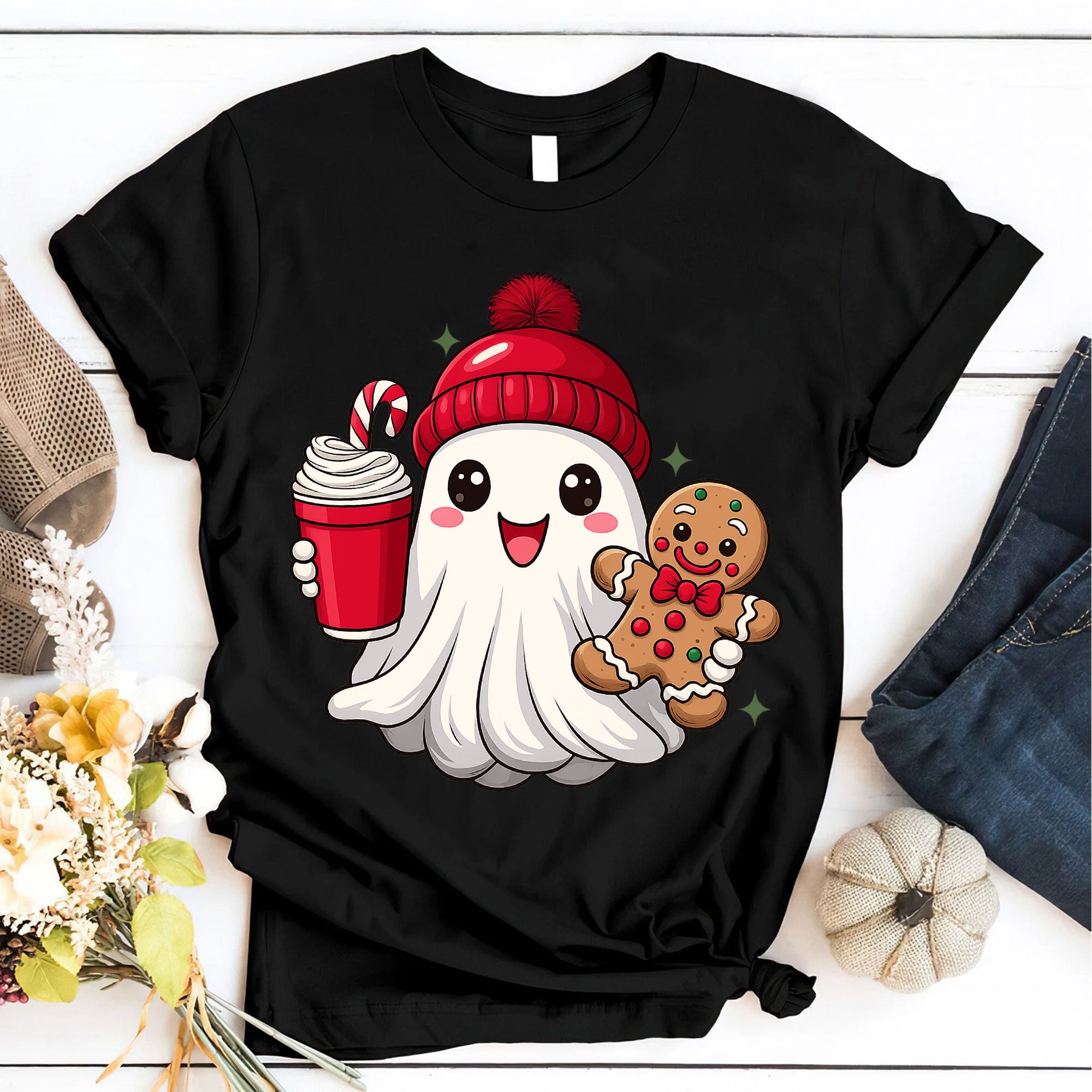 Festive Ghost Holiday T-Shirt with Cute Gingerbread and Hot Cocoa Design, Perfect Christmas Tee for Cozy Winter Fashion
 - 6