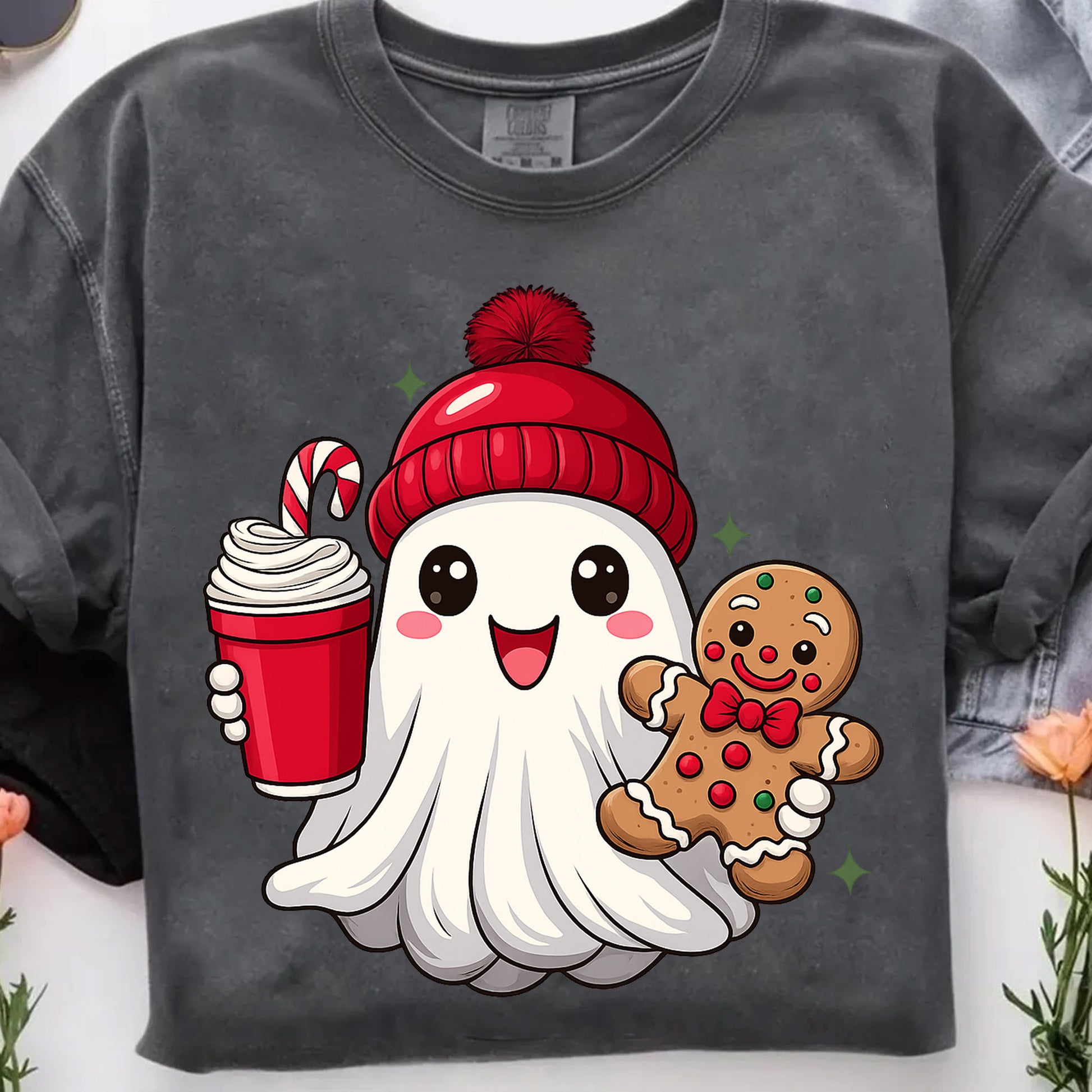 Festive Ghost Holiday T-Shirt with Cute Gingerbread and Hot Cocoa Design, Perfect Christmas Tee for Cozy Winter Fashion
 - 7