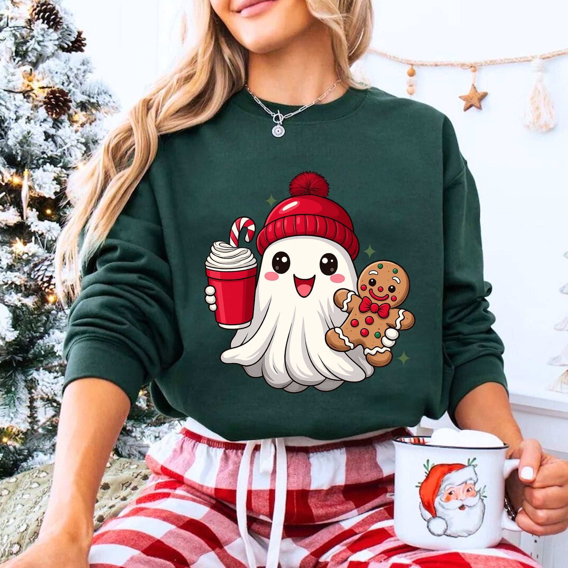 Festive Ghost Holiday T-Shirt with Cute Gingerbread and Hot Cocoa Design, Perfect Christmas Tee for Cozy Winter Fashion
 - 8