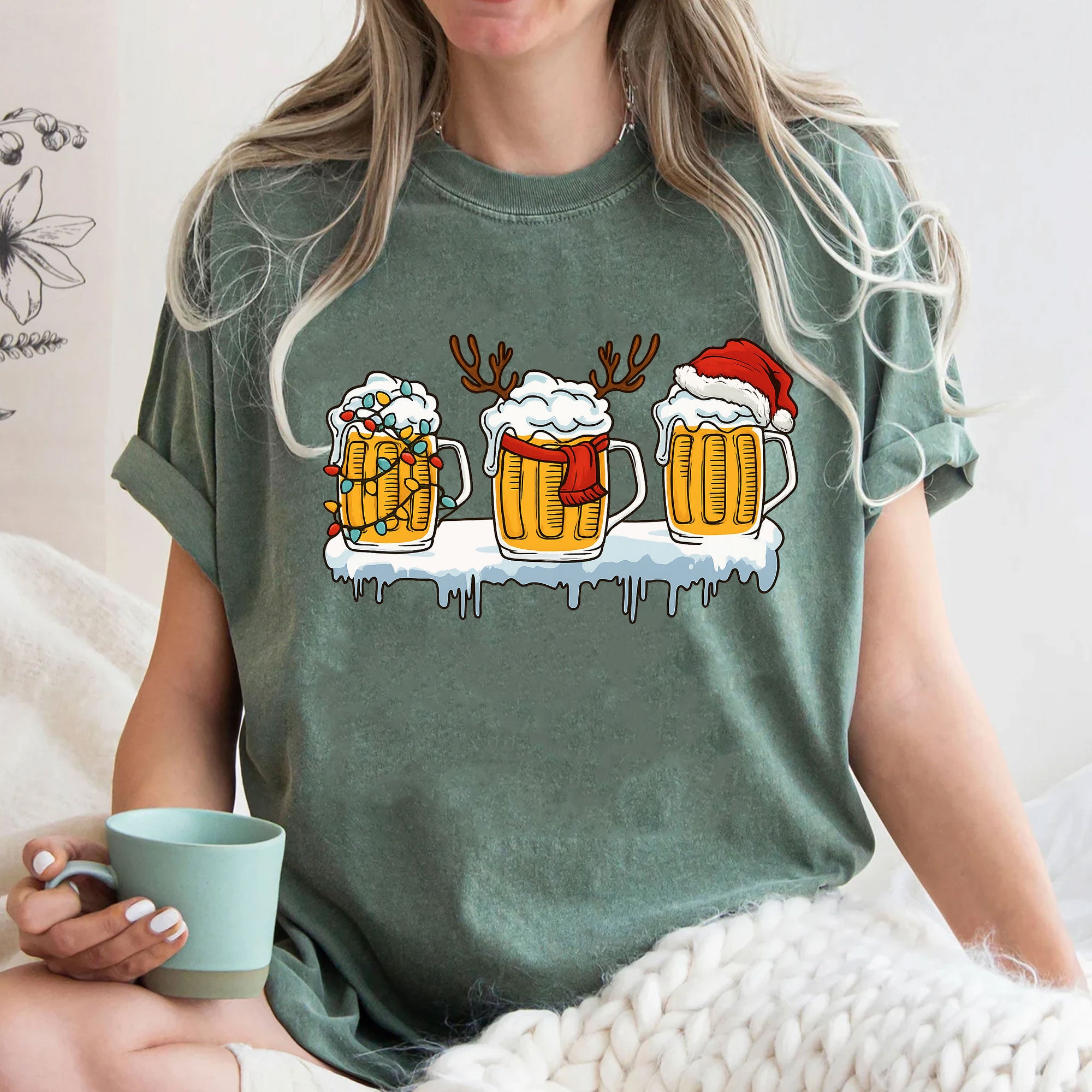Festive Holiday Beer Mug Graphic Tee - Fun Christmas Shirt with Santa Hat, Reindeer, and Lights - Perfect for Holiday Celebrations
 - 3